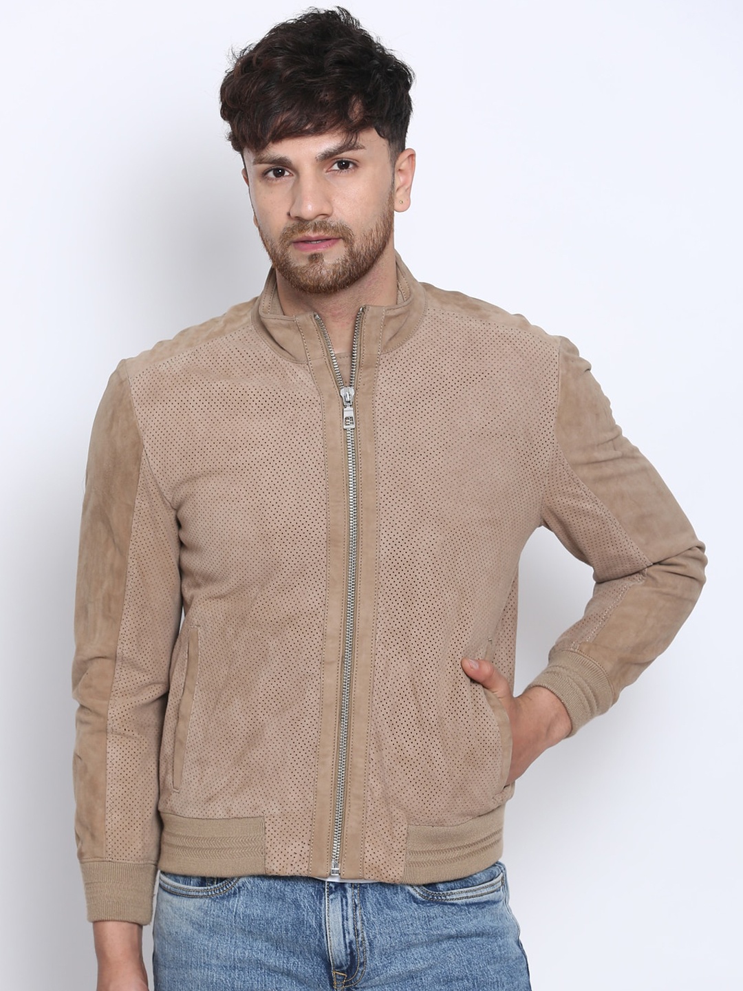 

Justanned Men Beige Leather Suede Bomber Jacket
