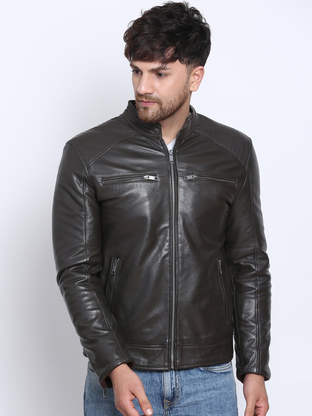 

Justanned Men Brown Solid Leather Lightweight Jacket