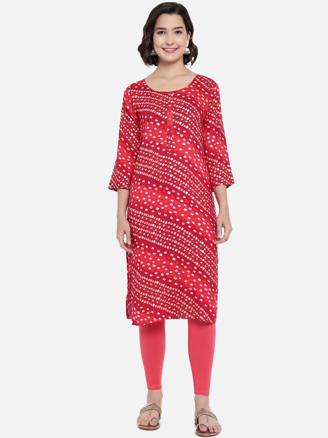 

GRACIT Women Maroon & Pink Bandhani Printed Kurta with Trousers