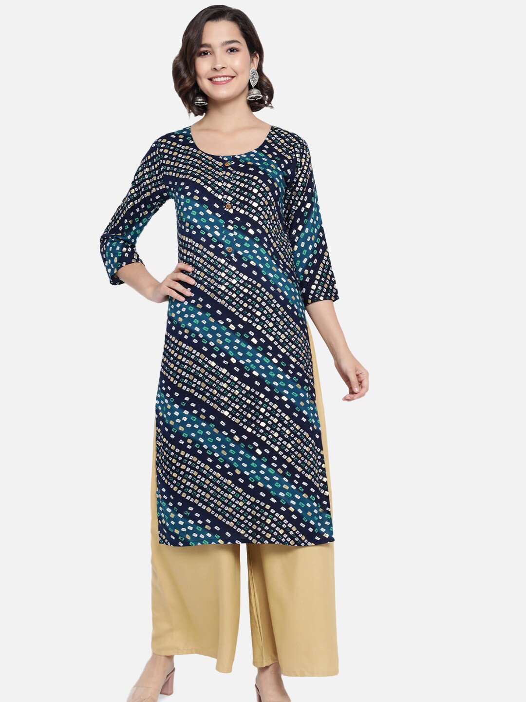 

GRACIT Women Navy Blue & Beige Printed Kurta with Palazzos
