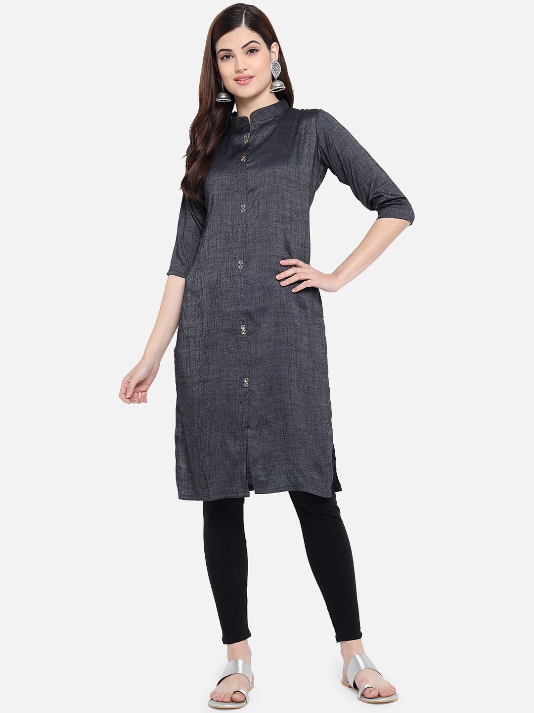 

GRACIT Women Charcoal Cotton Silk Kurti with Ankle length Legging