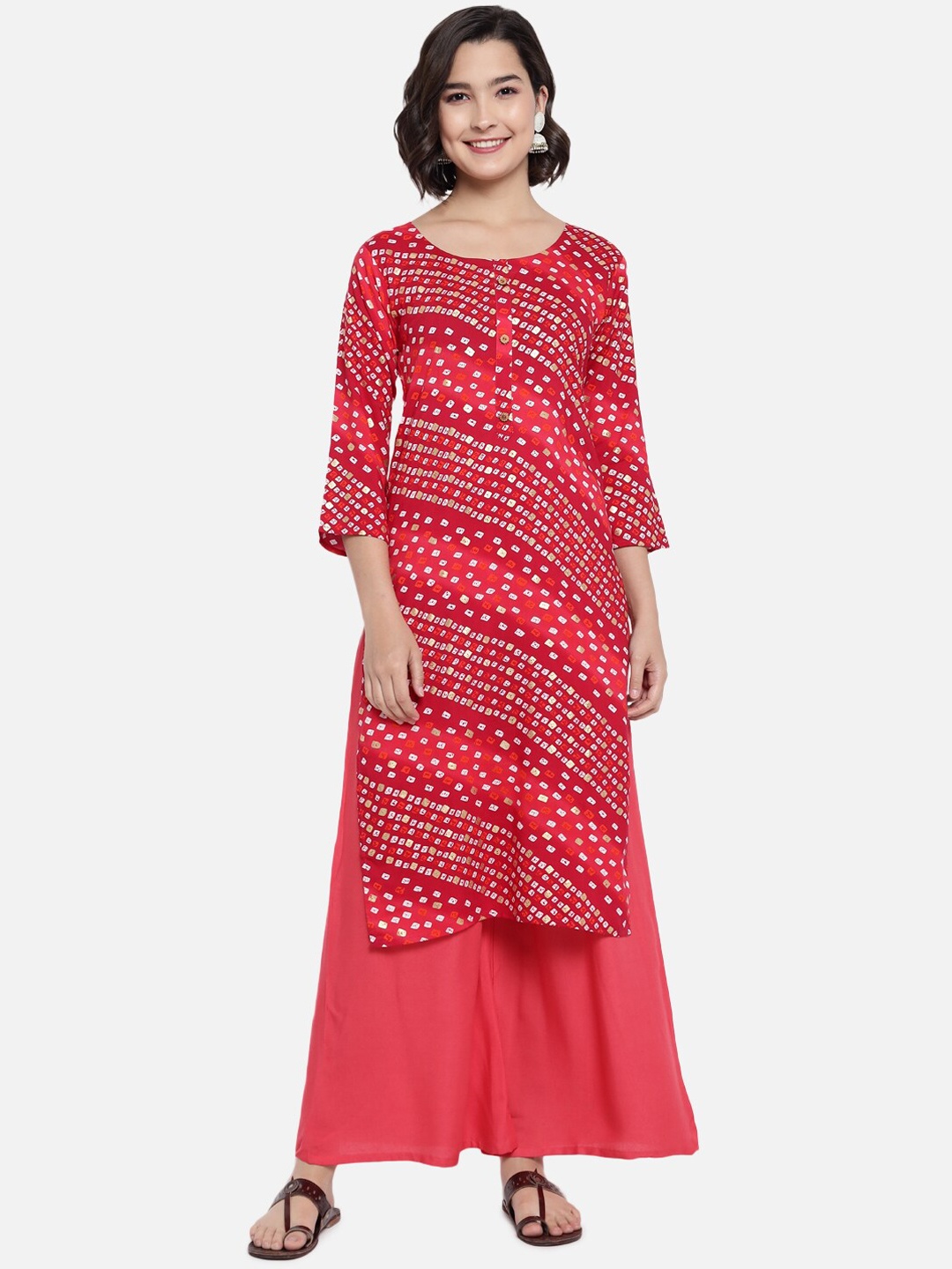 

GRACIT Women Maroon Bandhani Printed Kurta with Palazzos