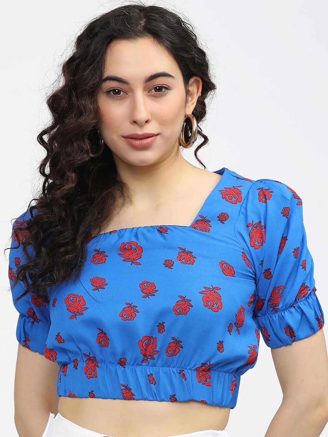 

Tokyo Talkies Blue Floral Print Blouson Crop Top