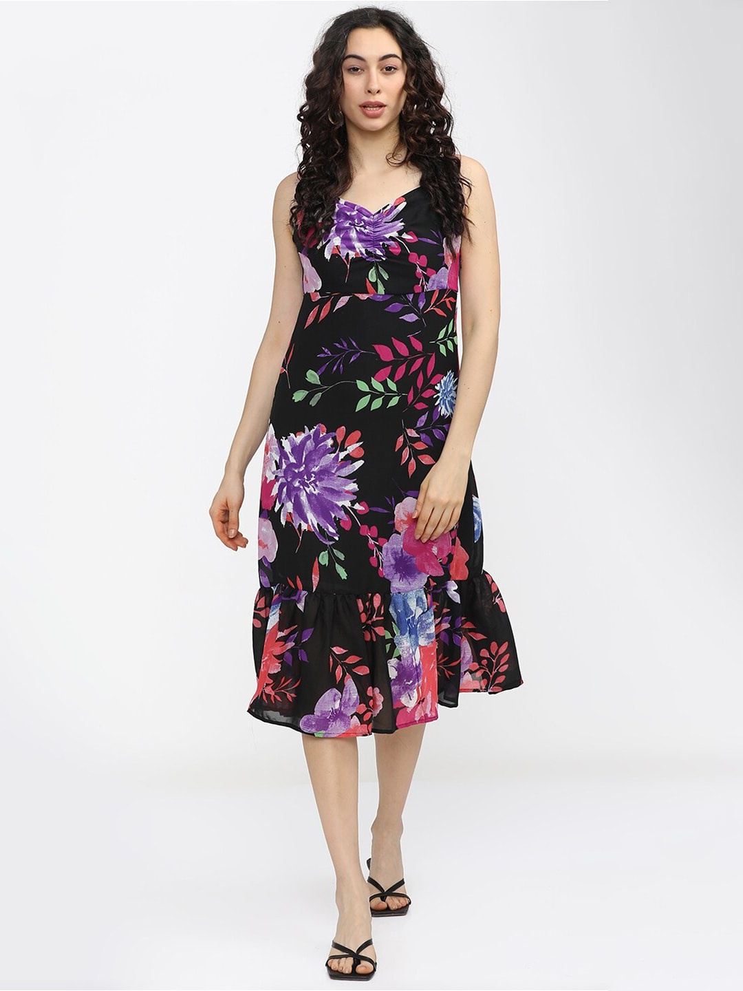

Tokyo Talkies Women Black Floral A-Line Midi Dress
