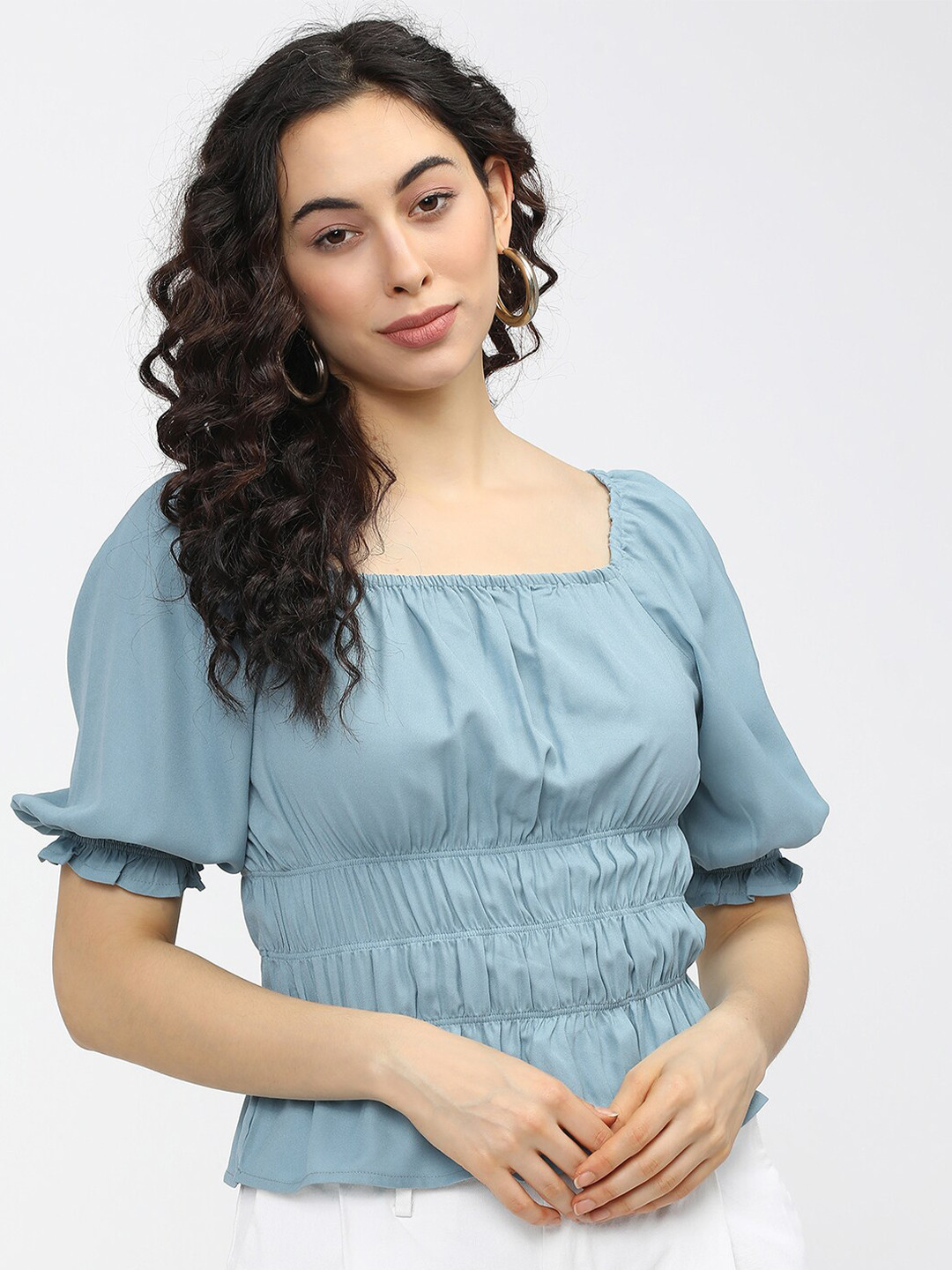

Tokyo Talkies Women Blue Blouson Crop Top