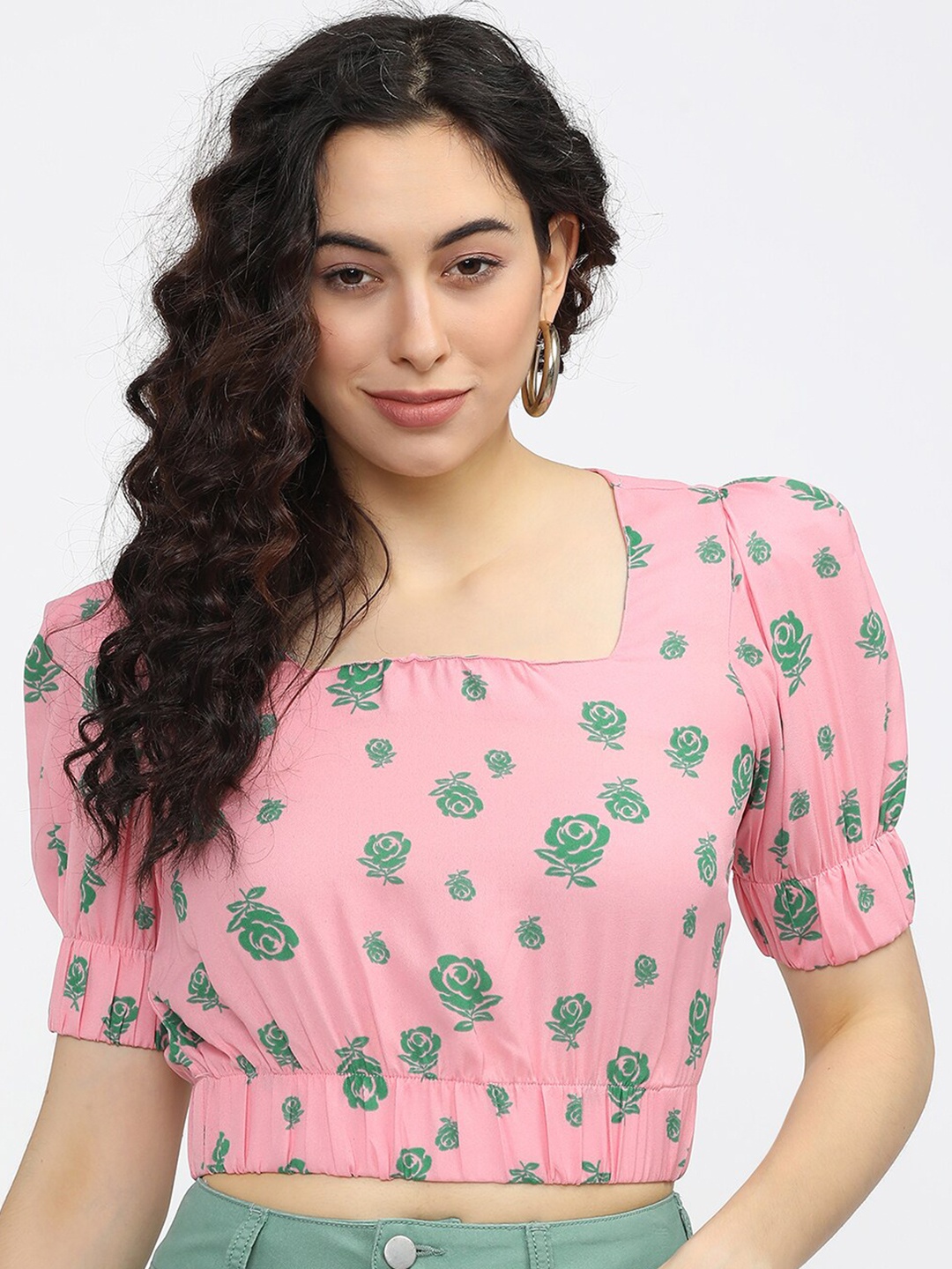 

Tokyo Talkies Pink & Green Floral Print Blouson Crop Top