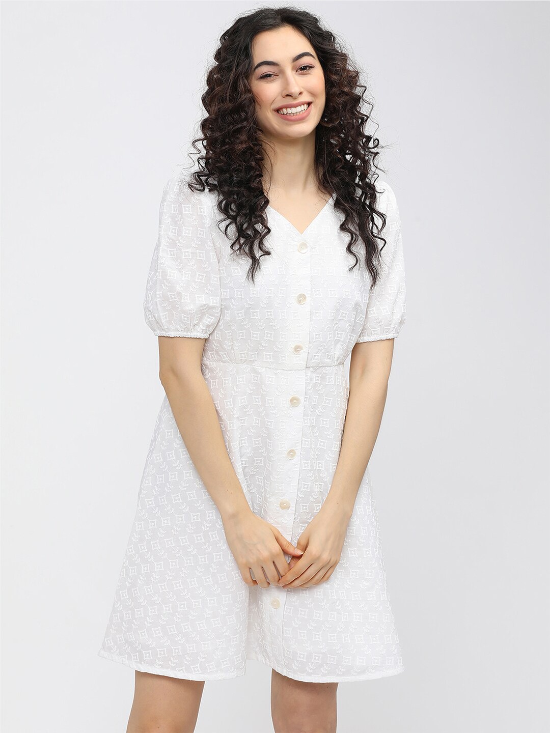 

Tokyo Talkies Woman Off White Floral Embroidered A-Line Dress