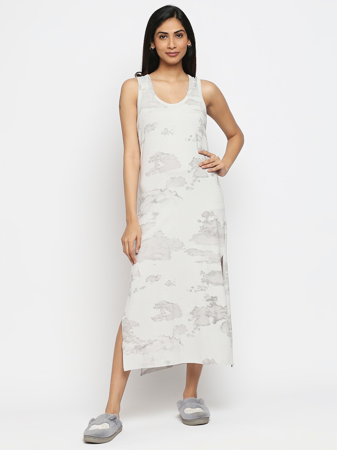 

effy Grey Printed Cotton Maxi Nightdress