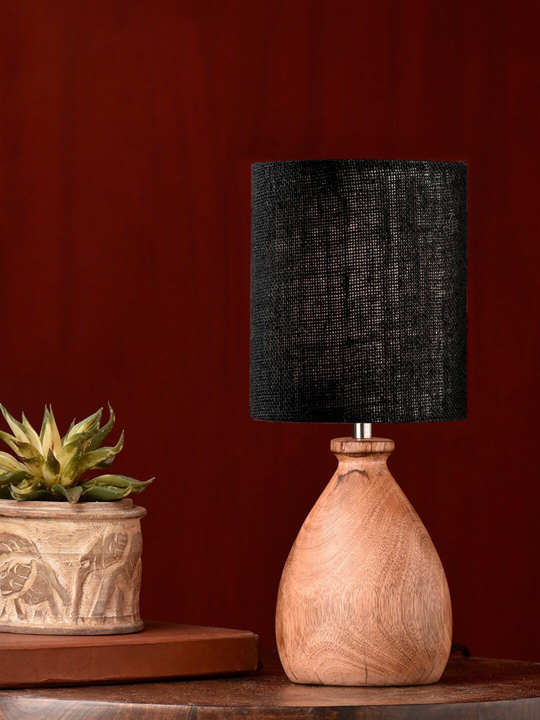 

green girgit Brown & Black Wooden Dome Table Lamp with Jute Shade
