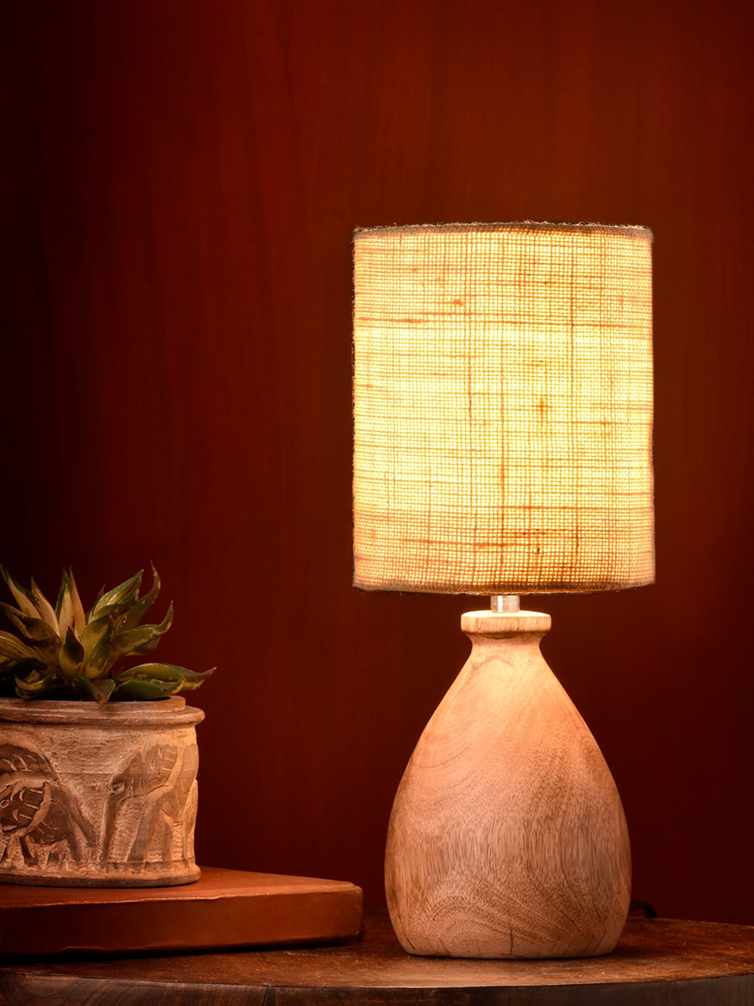 

green girgit Wooden Dome Table Lamp with Jute White Shade, Brown