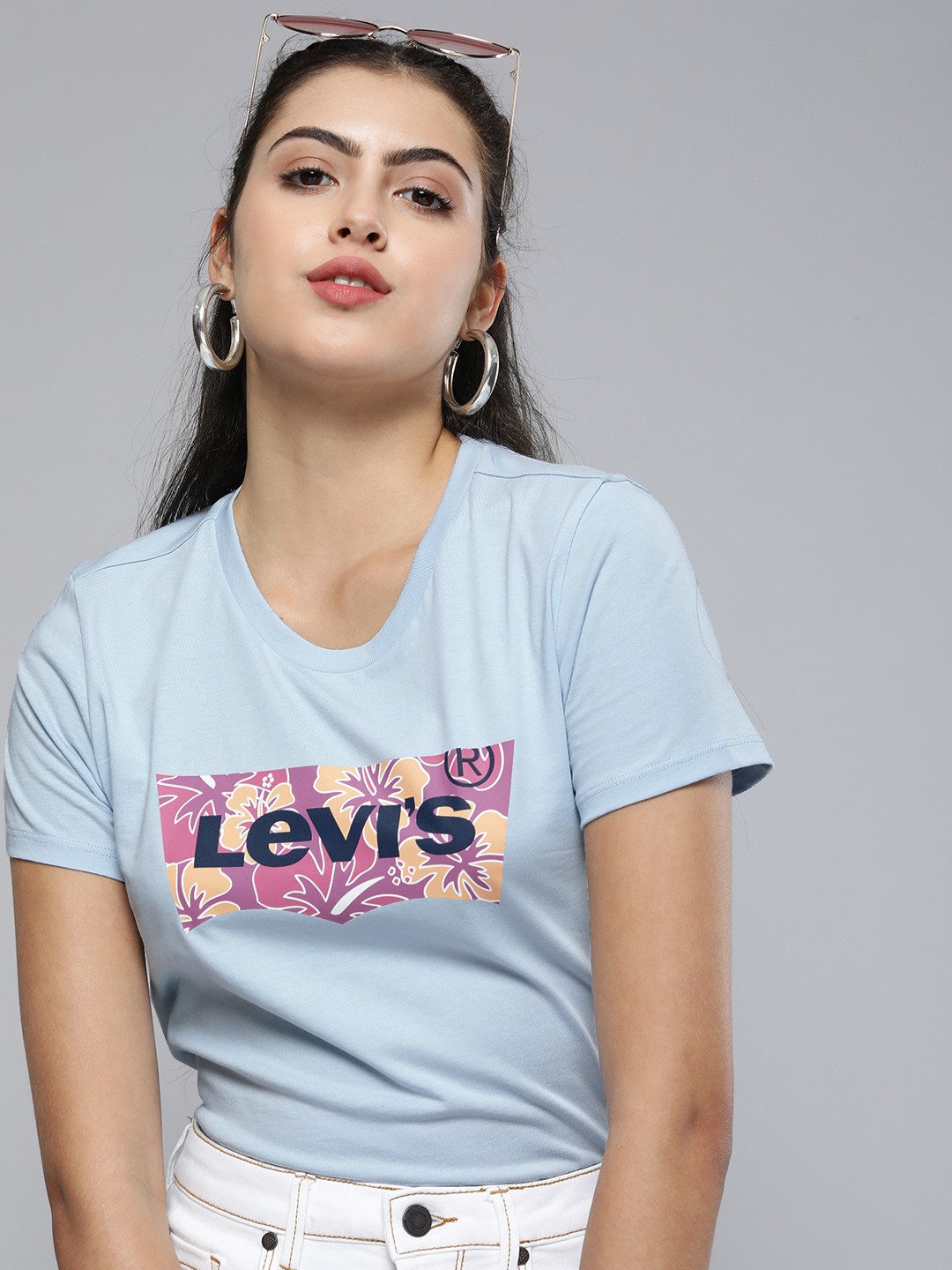 

Levis Women Light Blue Brand Logo Printed Pure Cotton T-shirt
