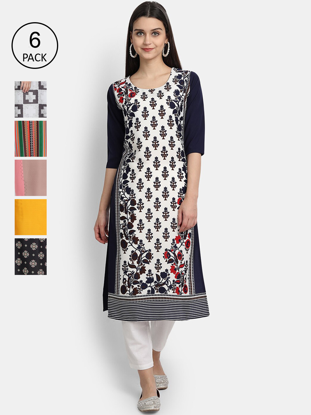 

7Threads Women Pack Of 6 Printed Crepe Kurtas, White