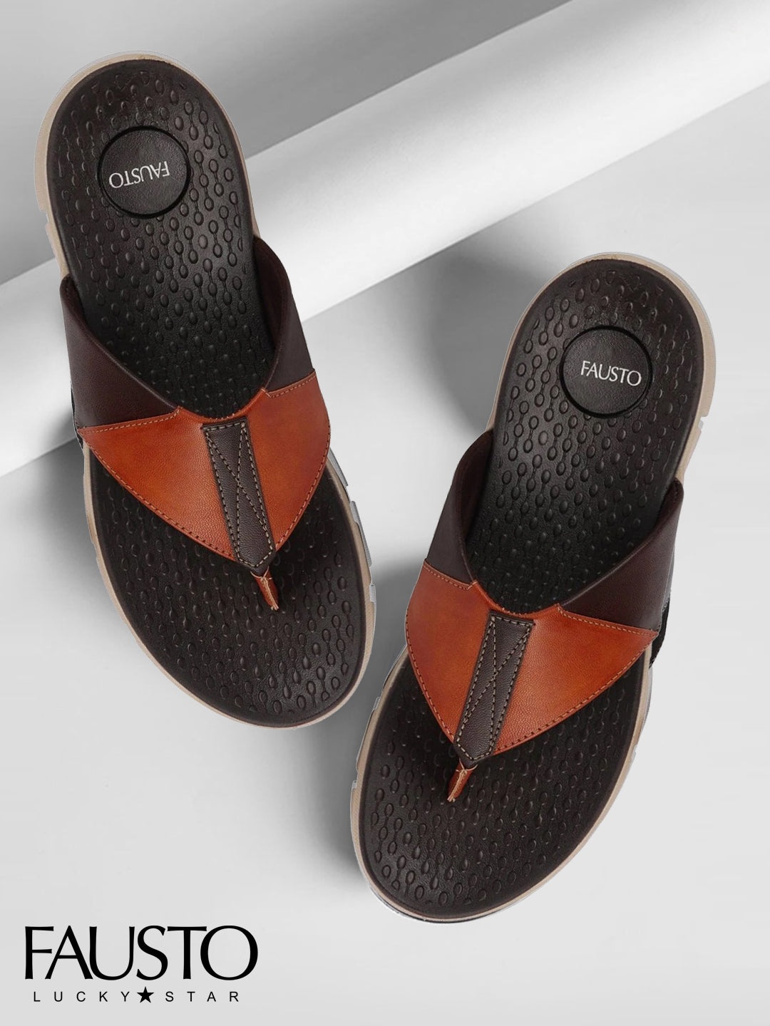 

FAUSTO Men Tan Brown & Black Thong Flip-Flops