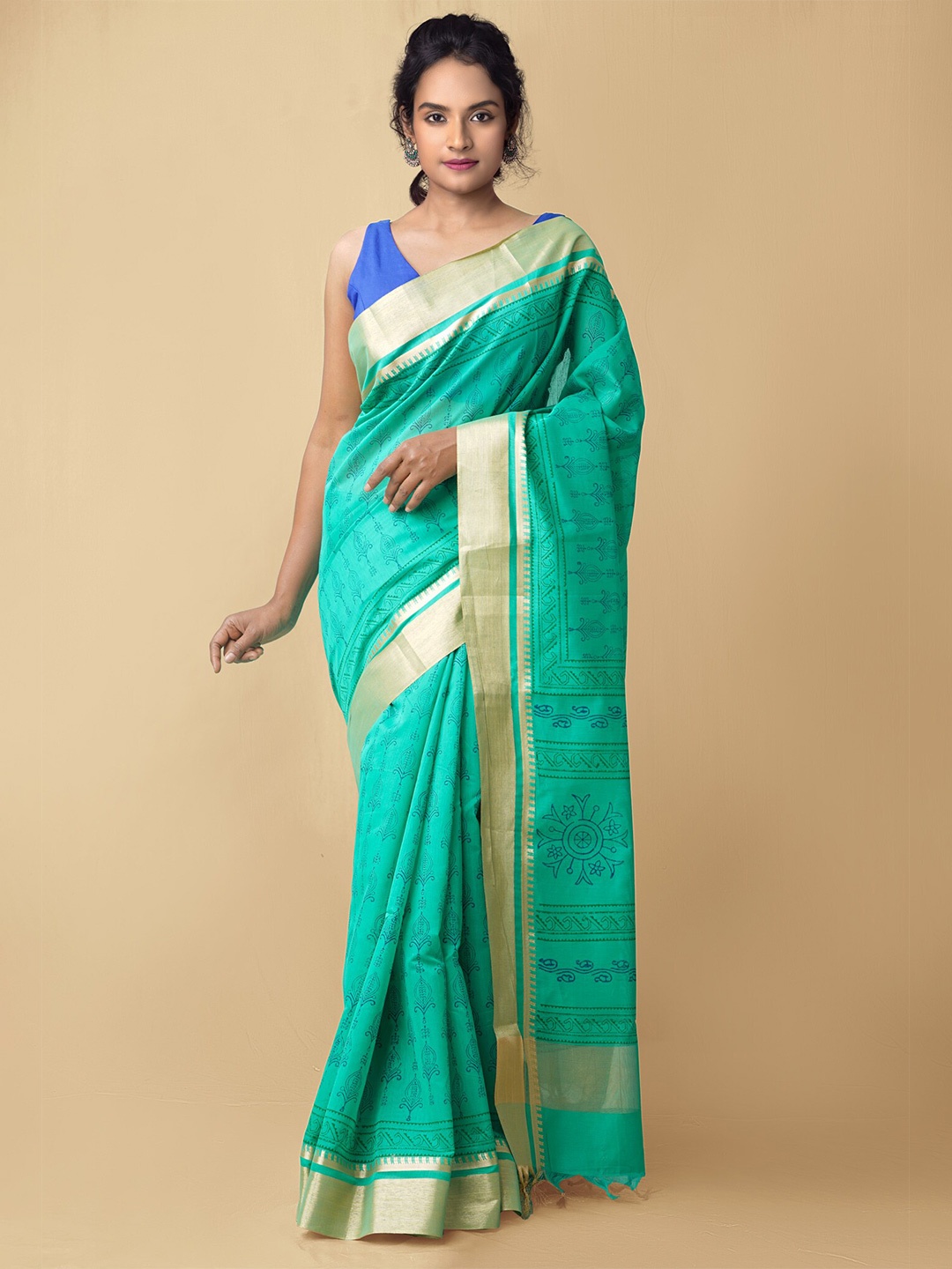 

Unnati Silks Green Ethnic Motifs Chanderi Saree