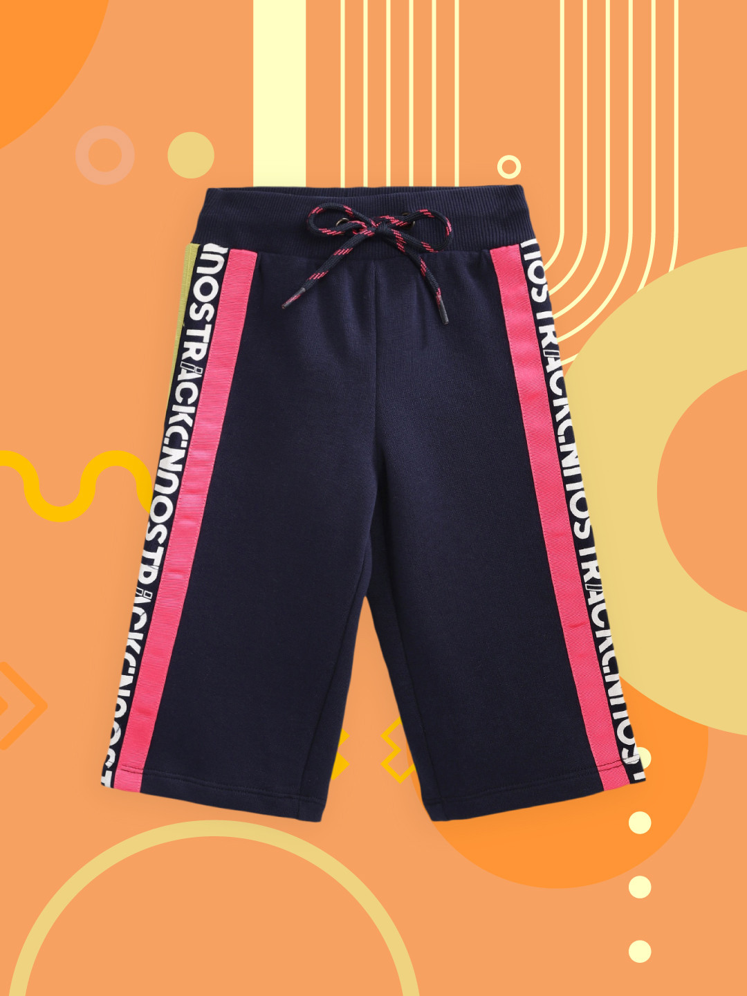 

United Colors of Benetton Girls Navy Blue Cotton Side Stripe & Printed Detail Track Pants