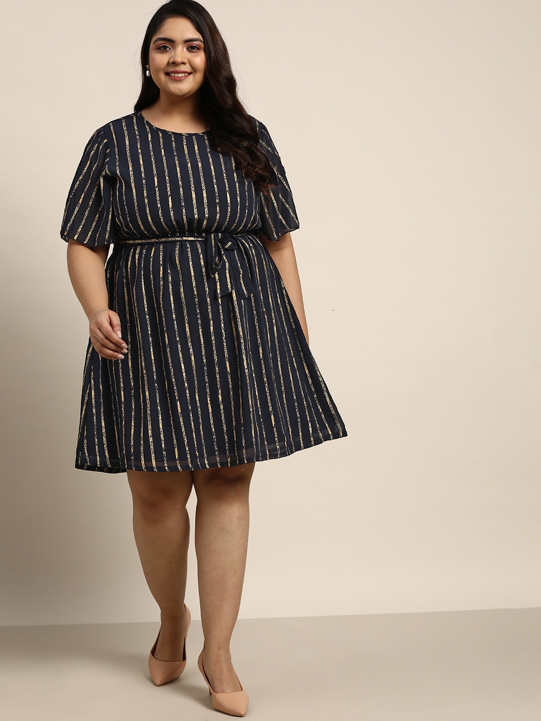 

Sztori Women Plus Size Navy Blue & Golden Striped A-Line Dress