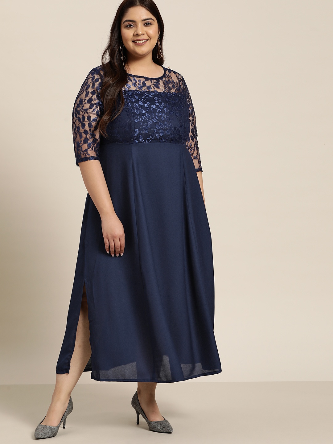

Sztori Plus Size Navy Blue Solid Lace Inserts Maxi Dress