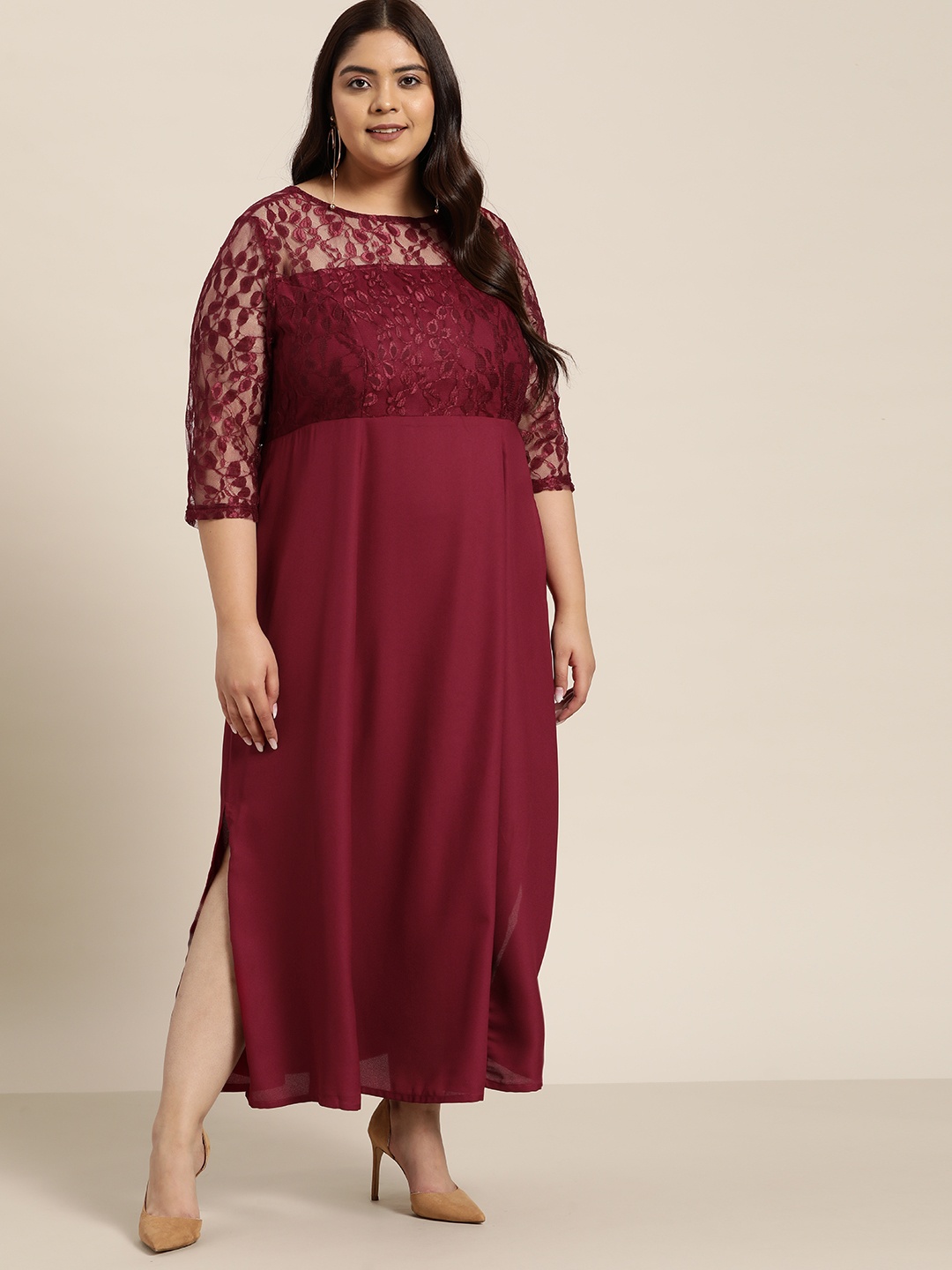 

Sztori Plus Size Maroon Solid Lace Inserts Maxi Dress