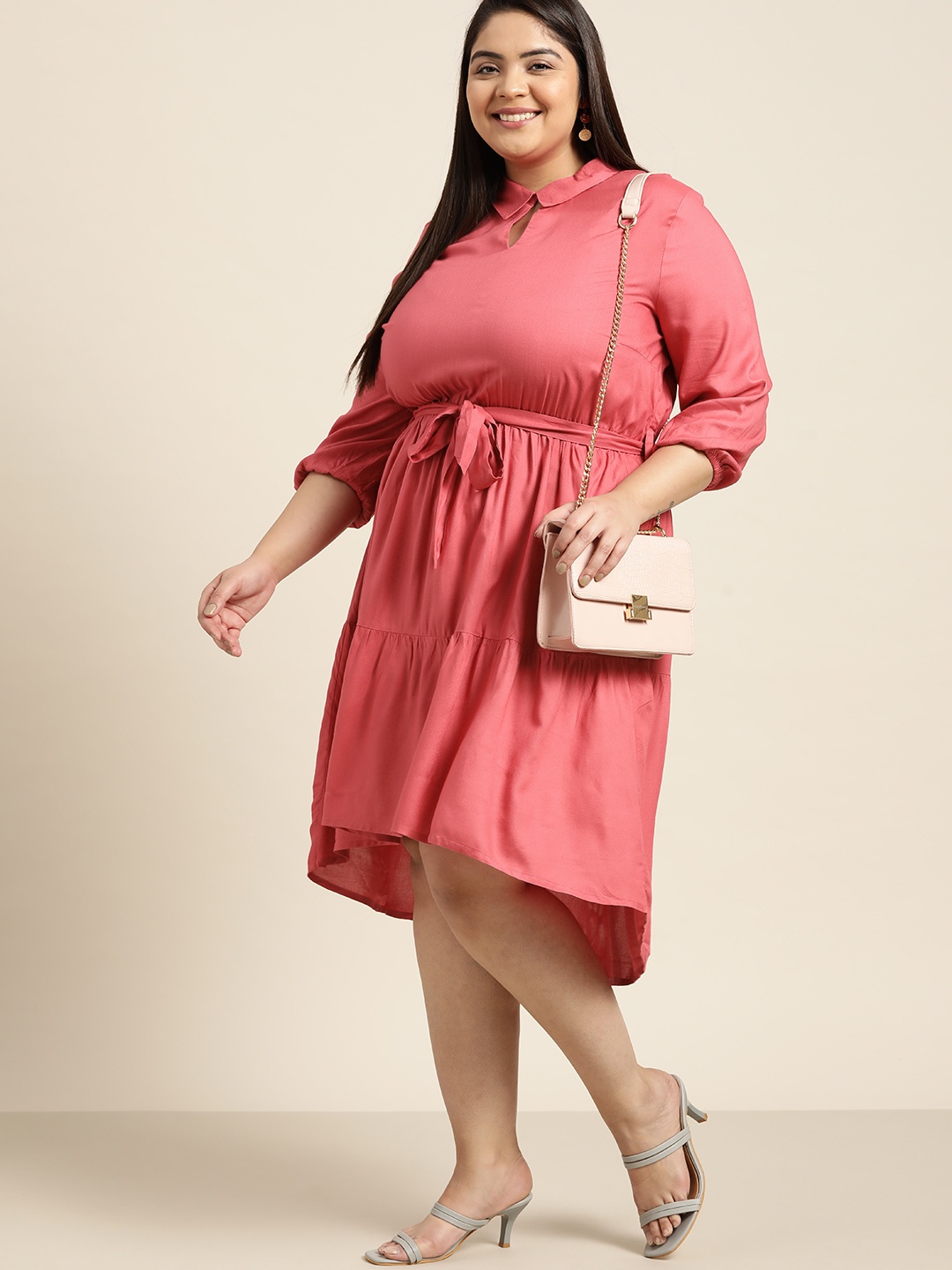 

Sztori Women Plus Size Pink Solid Tiered A-Line Midi Dress with Belt