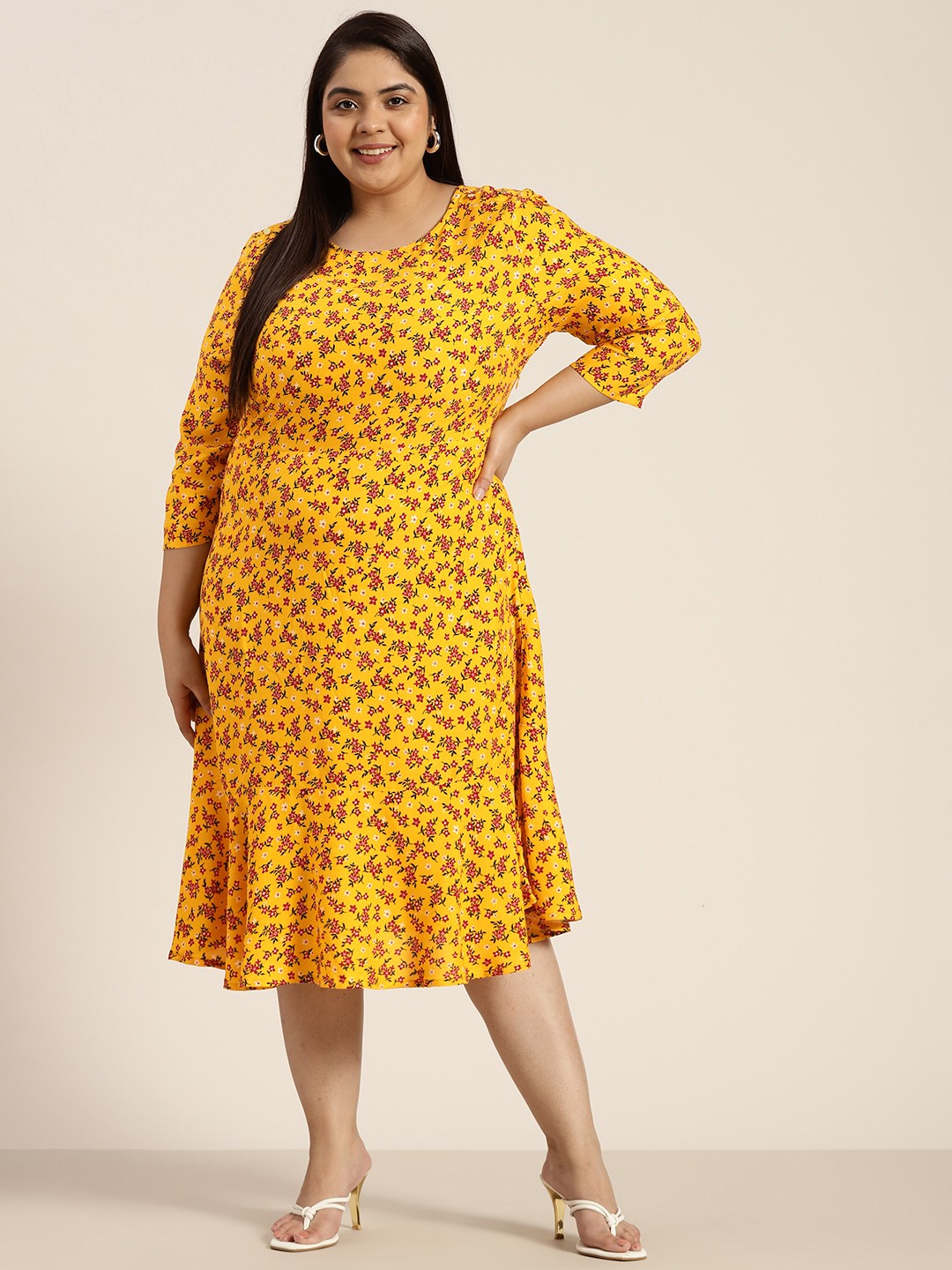 

Sztori Plus Size Yellow & Red Floral Print A-Line Midi Dress
