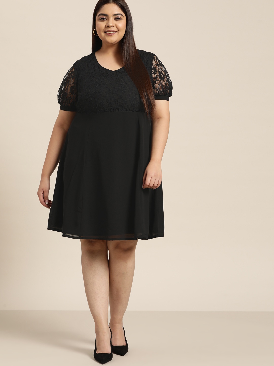 

Sztori Women Plus Size Black Floral A-Line Dress