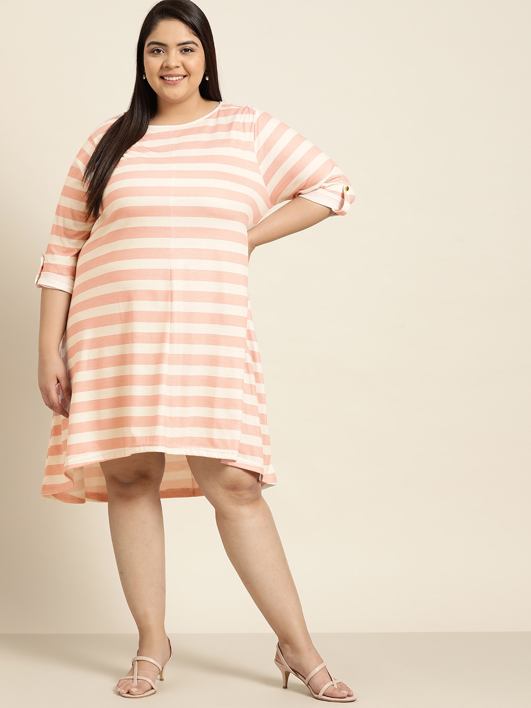 

Sztori Women Plus Size Dusty Pink & Off White Striped T-Shirt Dress, Rose