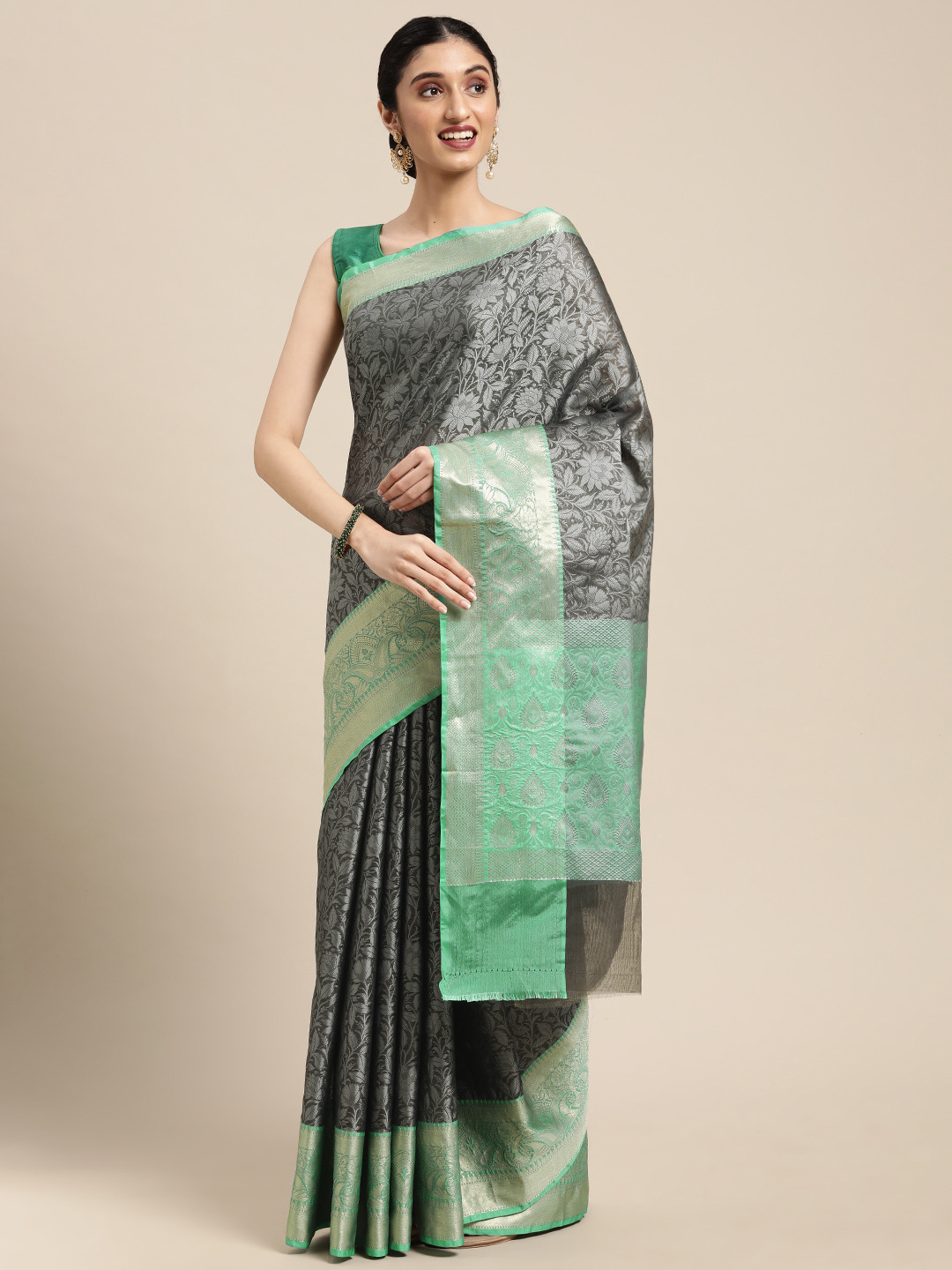 

BANARASI SILK WORKS Women Green & Grey Ethnic Motifs Printed Banarasi Saree