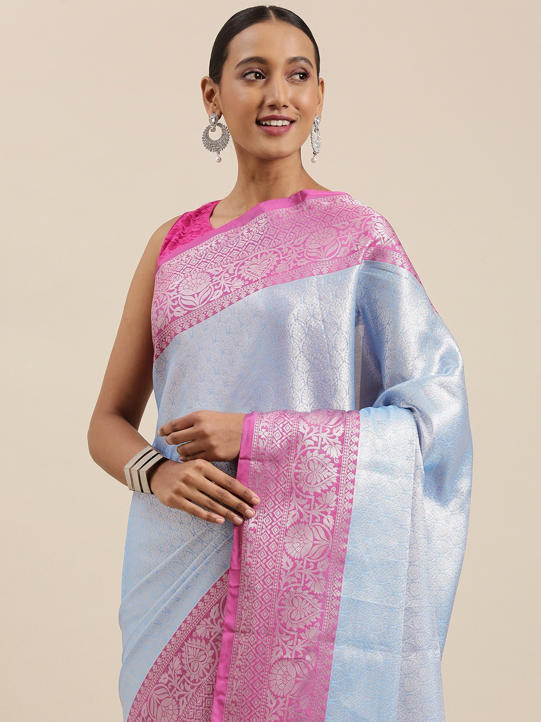 

BANARASI SILK WORKS Blue & Silver Zari Woven Kanchi Silk Tanchoi Meena Banarasi Saree