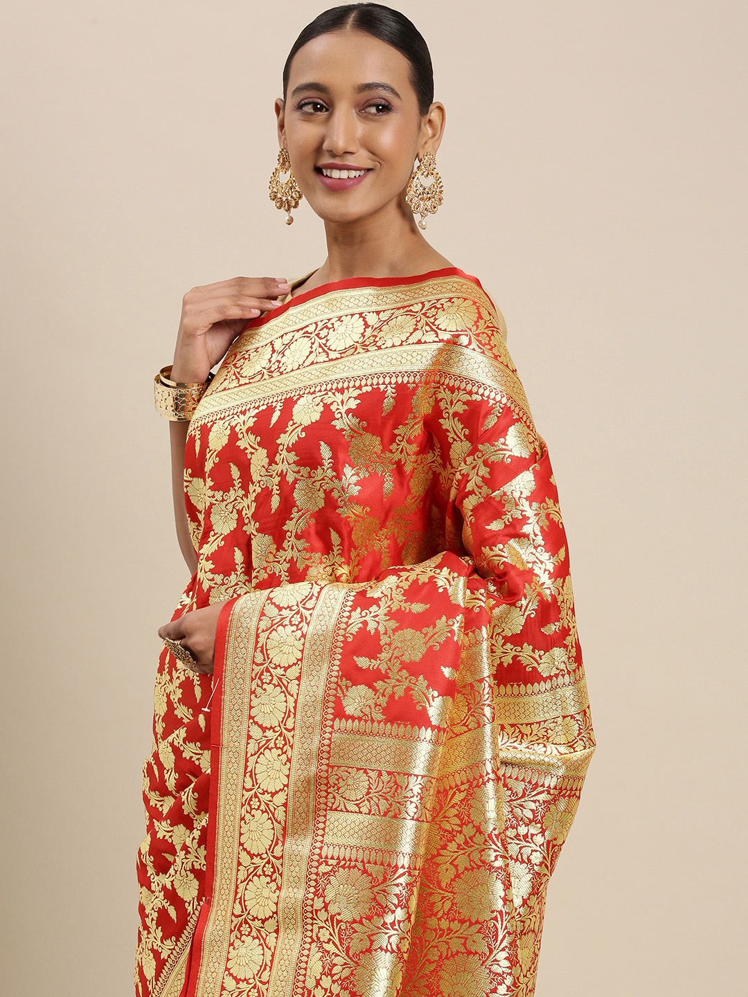 

BANARASI SILK WORKS Red & Golden Woven Design Jangla Jaal Katan Banarasi Saree