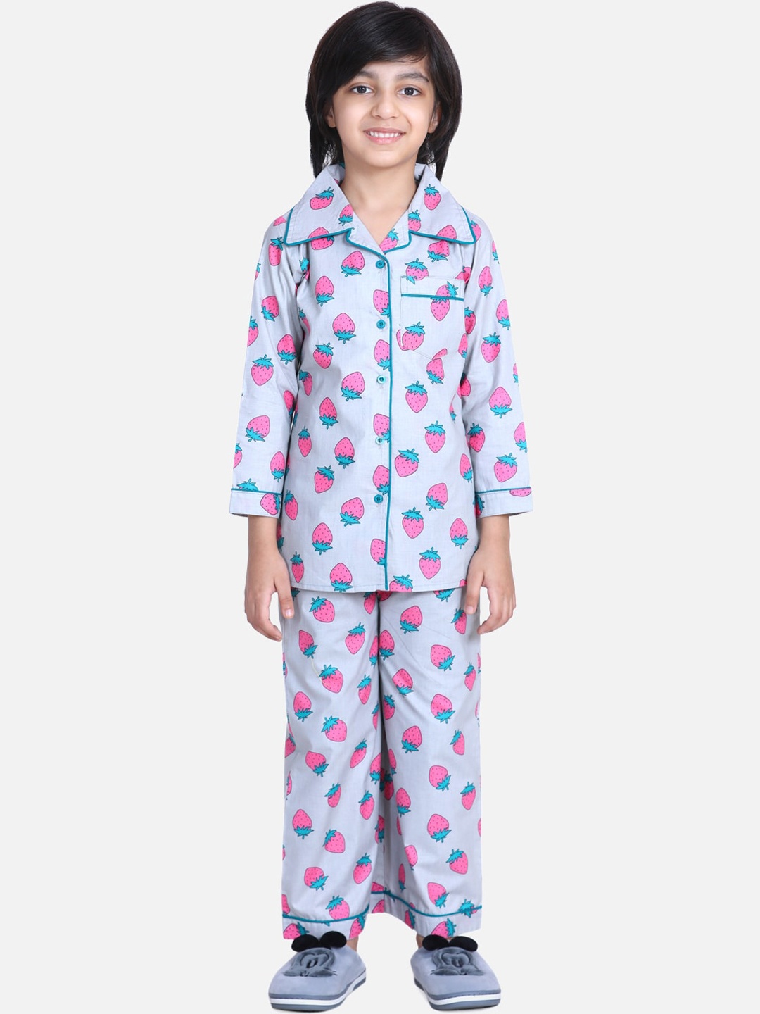 

AWW HUNNIE Kids Grey & Pink Printed Pure Cotton Night suit