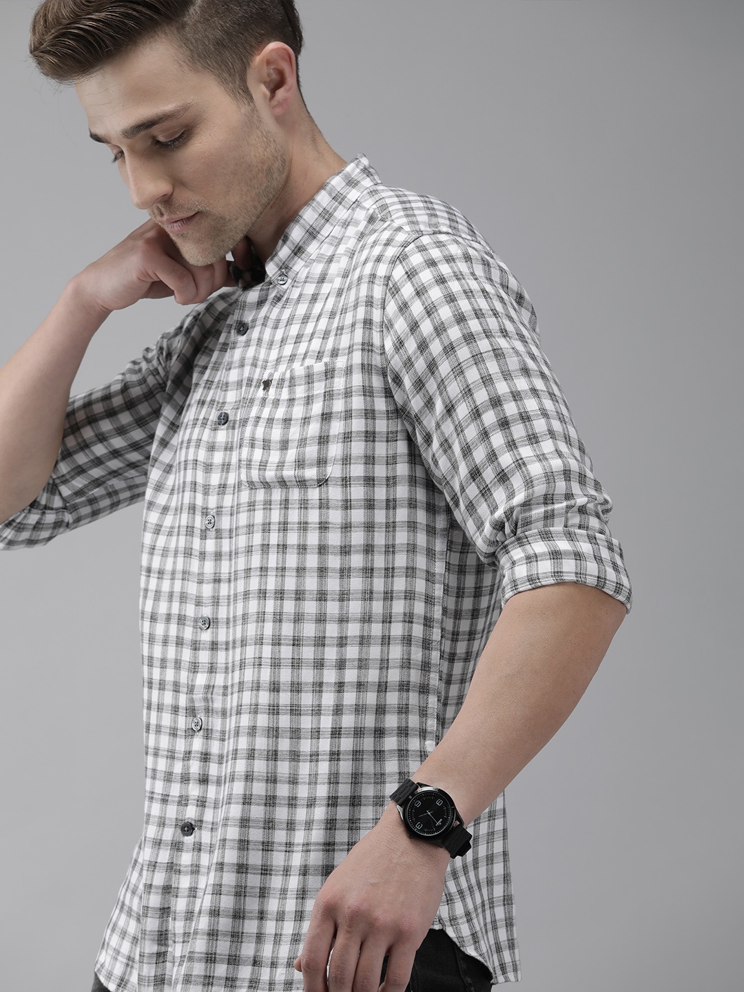 

THE BEAR HOUSE Men White Slim Fit Checked Casual Shirt