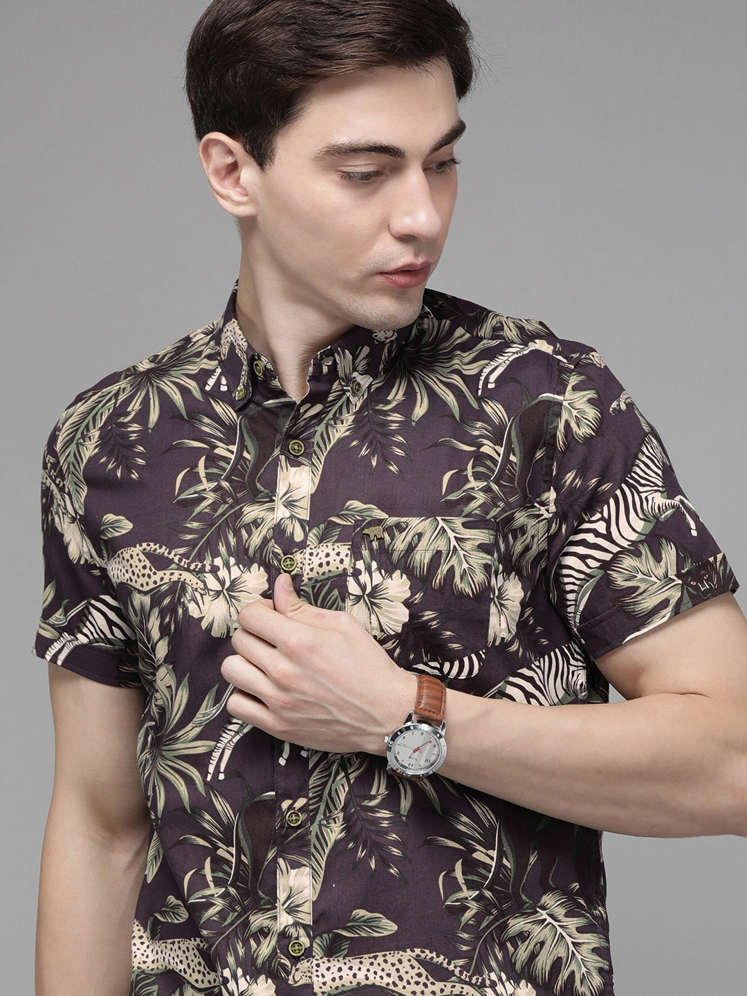 

THE BEAR HOUSE Men Brown Slim Fit Floral Print Pure Cotton Casual Shirt
