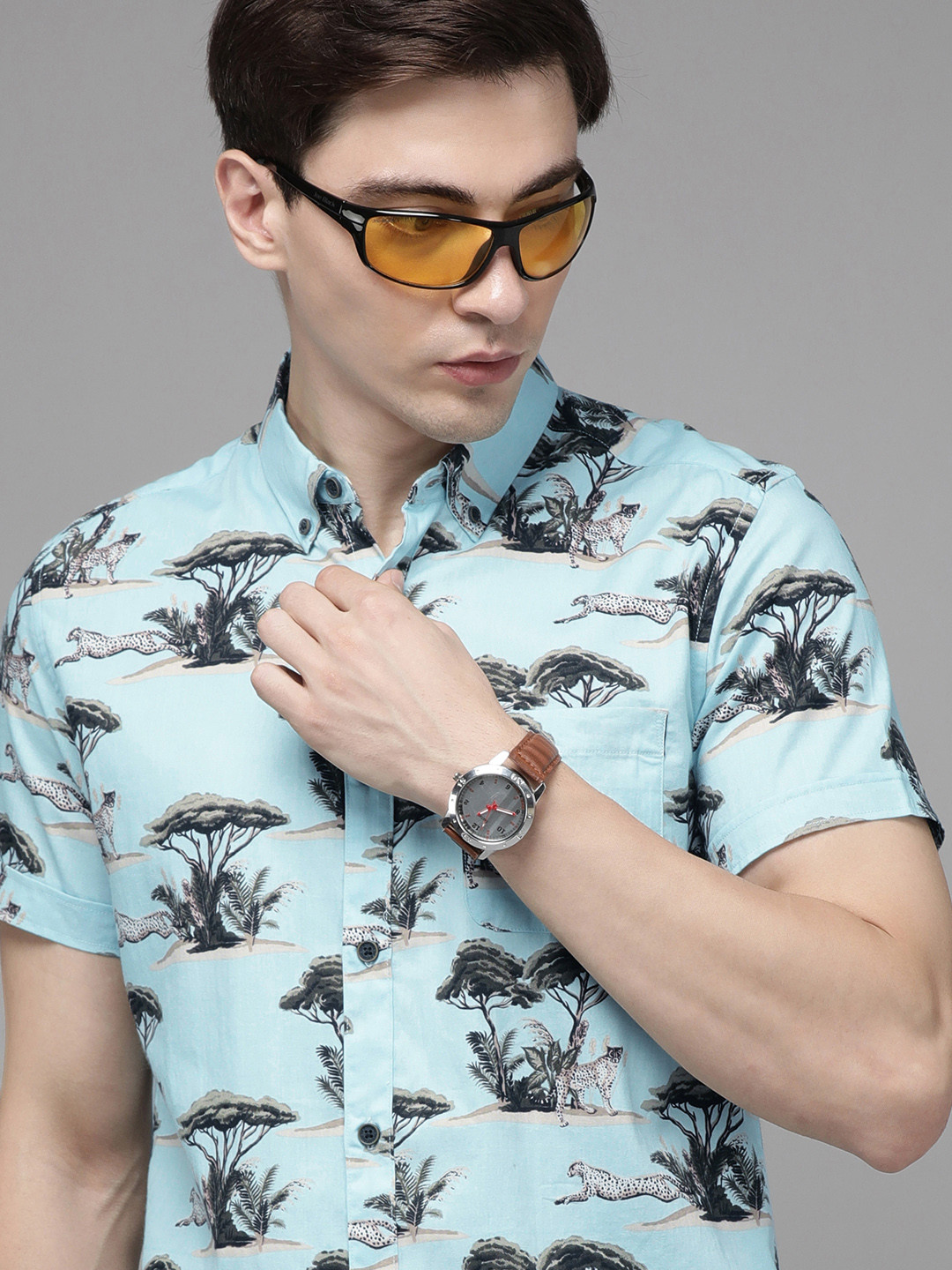 

THE BEAR HOUSE Men Blue Slim Fit Printed Pure Cotton Casual Shirt