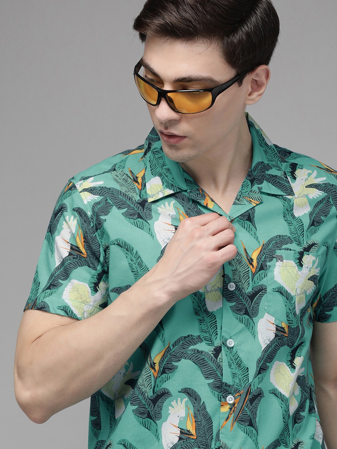 

THE BEAR HOUSE Men Green Slim Fit Floral Print Pure Cotton Casual Shirt