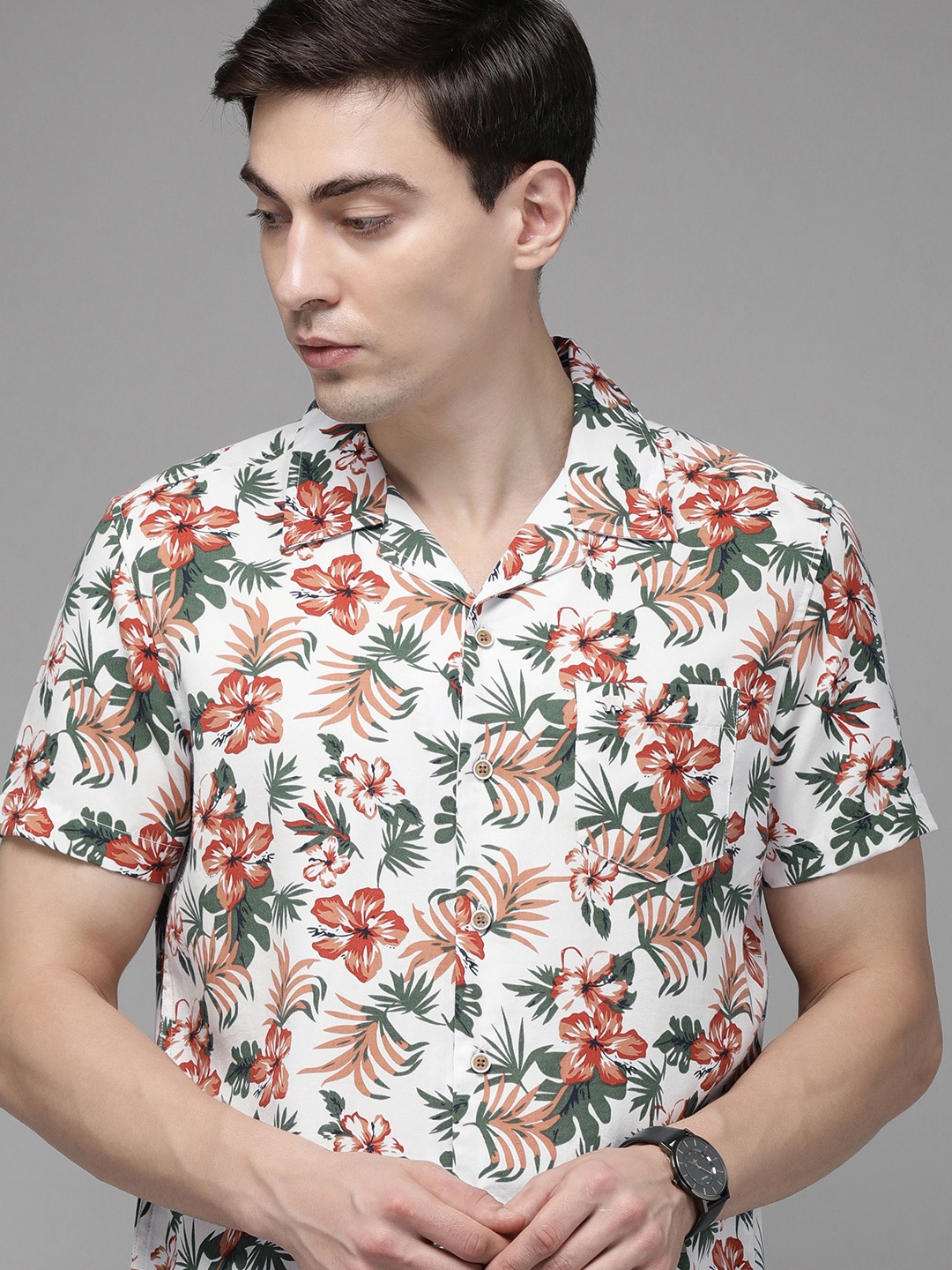 

THE BEAR HOUSE Men White Slim Fit Floral Print Casual Shirt