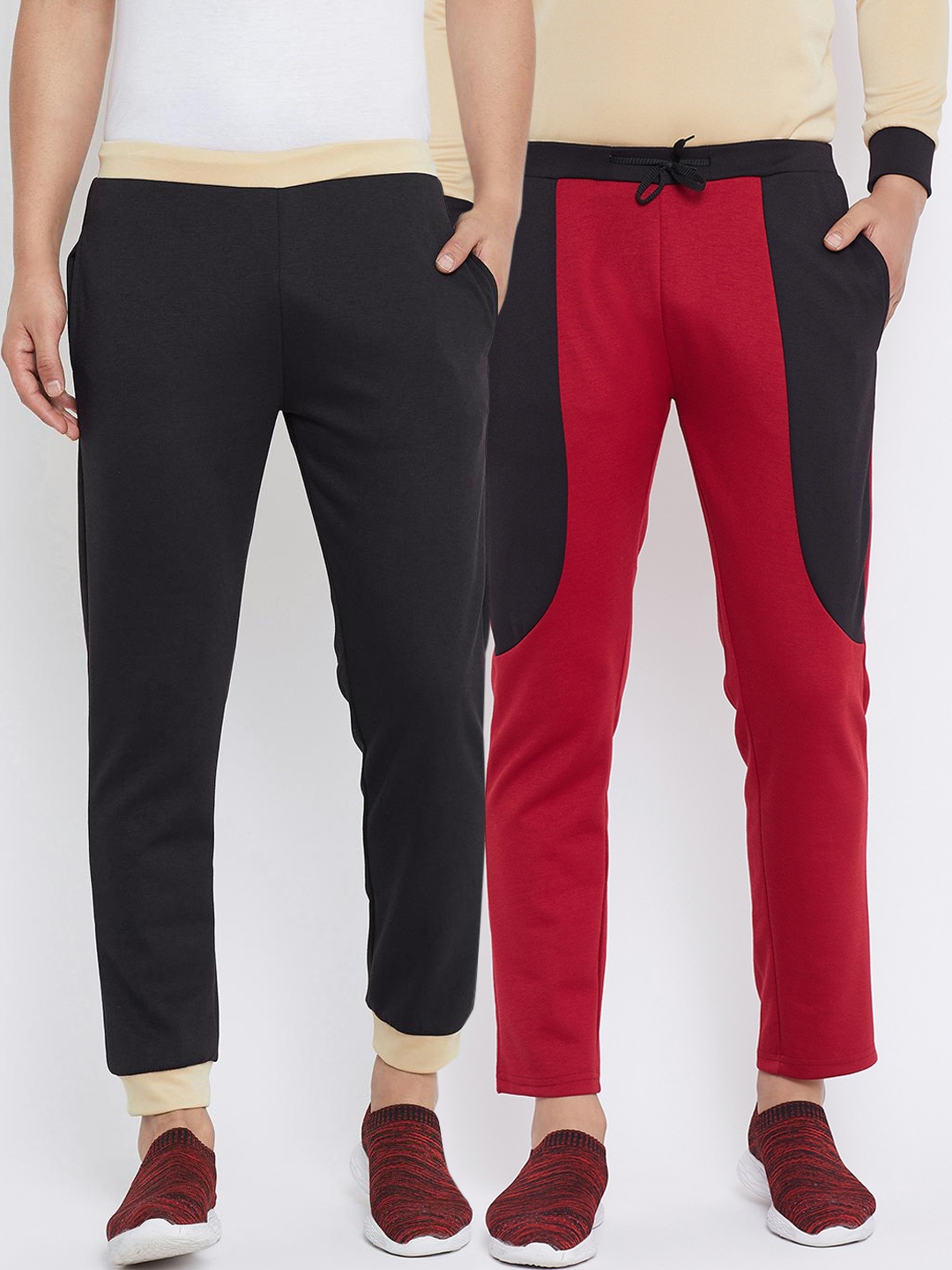

armure Men Pack Of 2 Black & Maroon Solid Track Pants