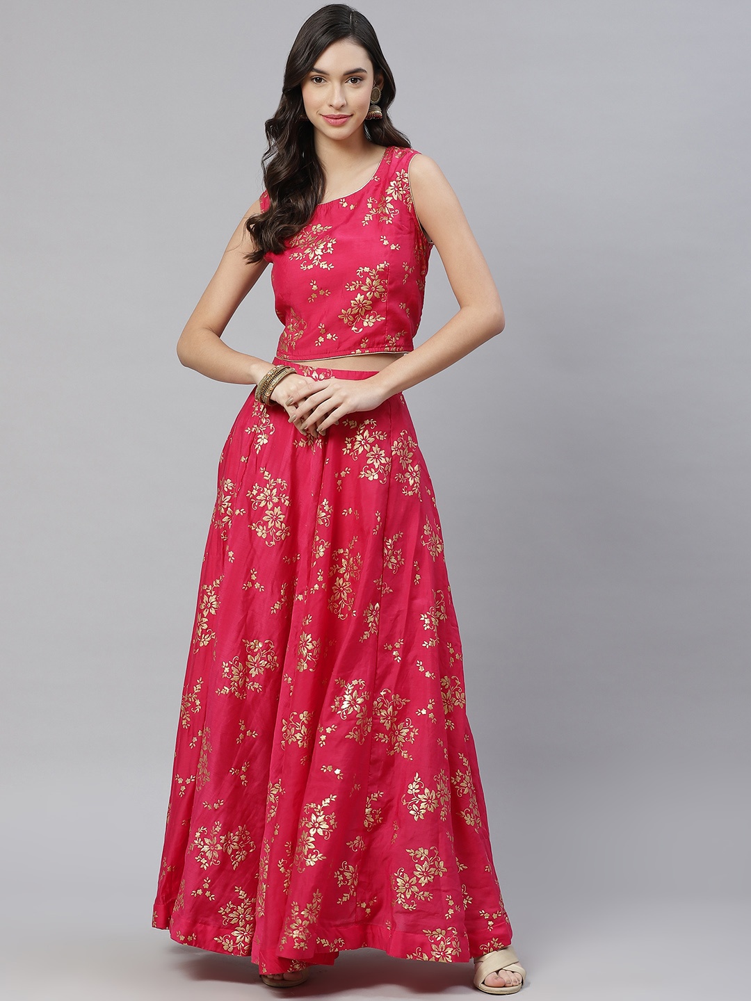 

Fusion Threads Fuchsia Pink Printed Foil Print Ready to Wear Lehenga