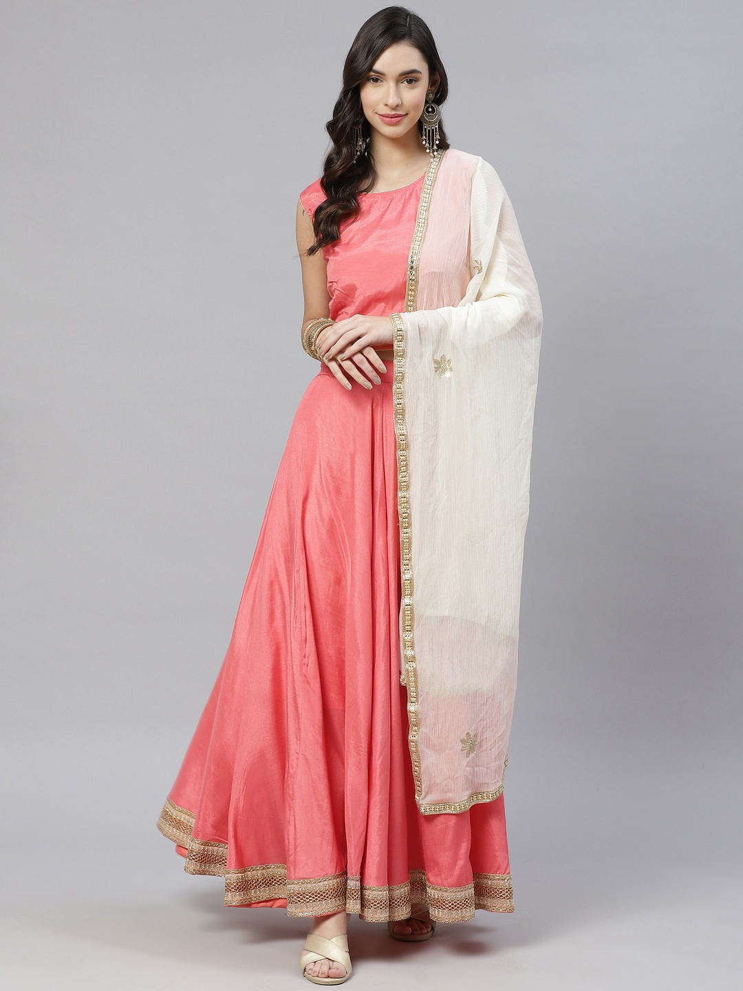 

Fusion Threads Peach-Coloured & Cream-Coloured Ready to Wear Lehenga & Blouse With Dupatta