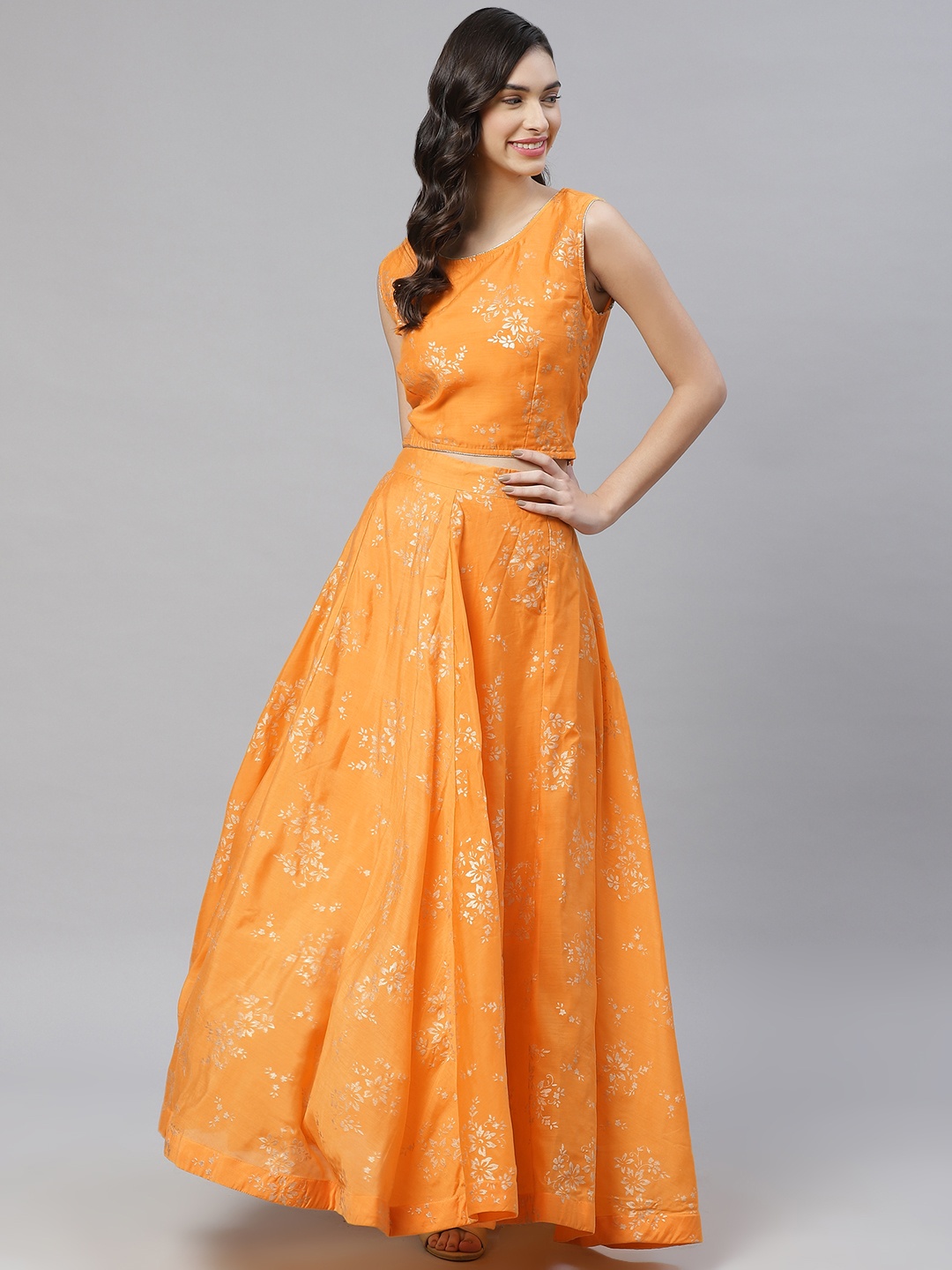 

Fusion Threads Mustard Yellow Printed Foil Print Ready to Wear Lehenga