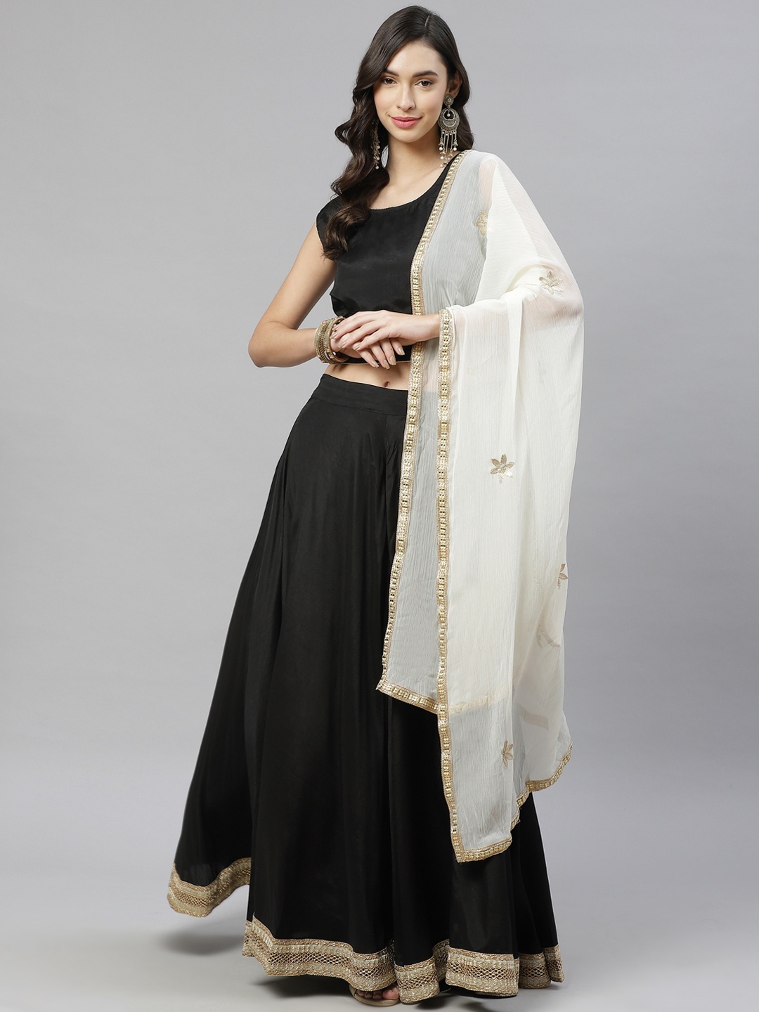 

Fusion Threads Black & Cream-Coloured Ready to Wear Lehenga & Blouse With Dupatta