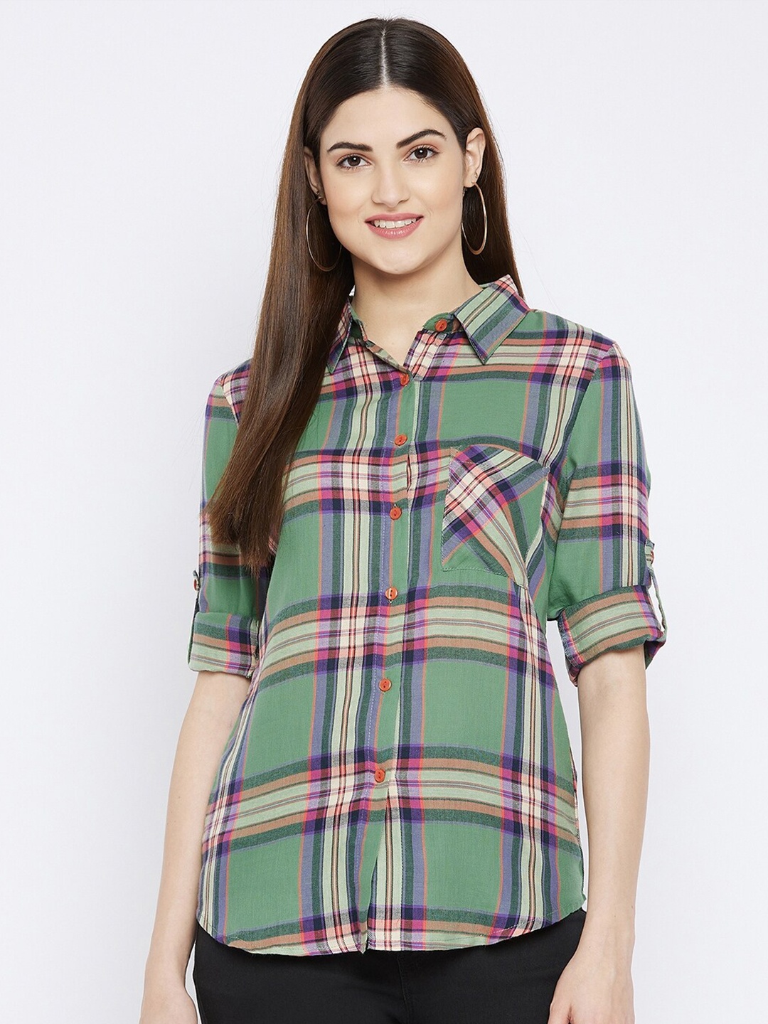 

Ruhaans Woman Green Classic Tartan Checked Casual Shirt