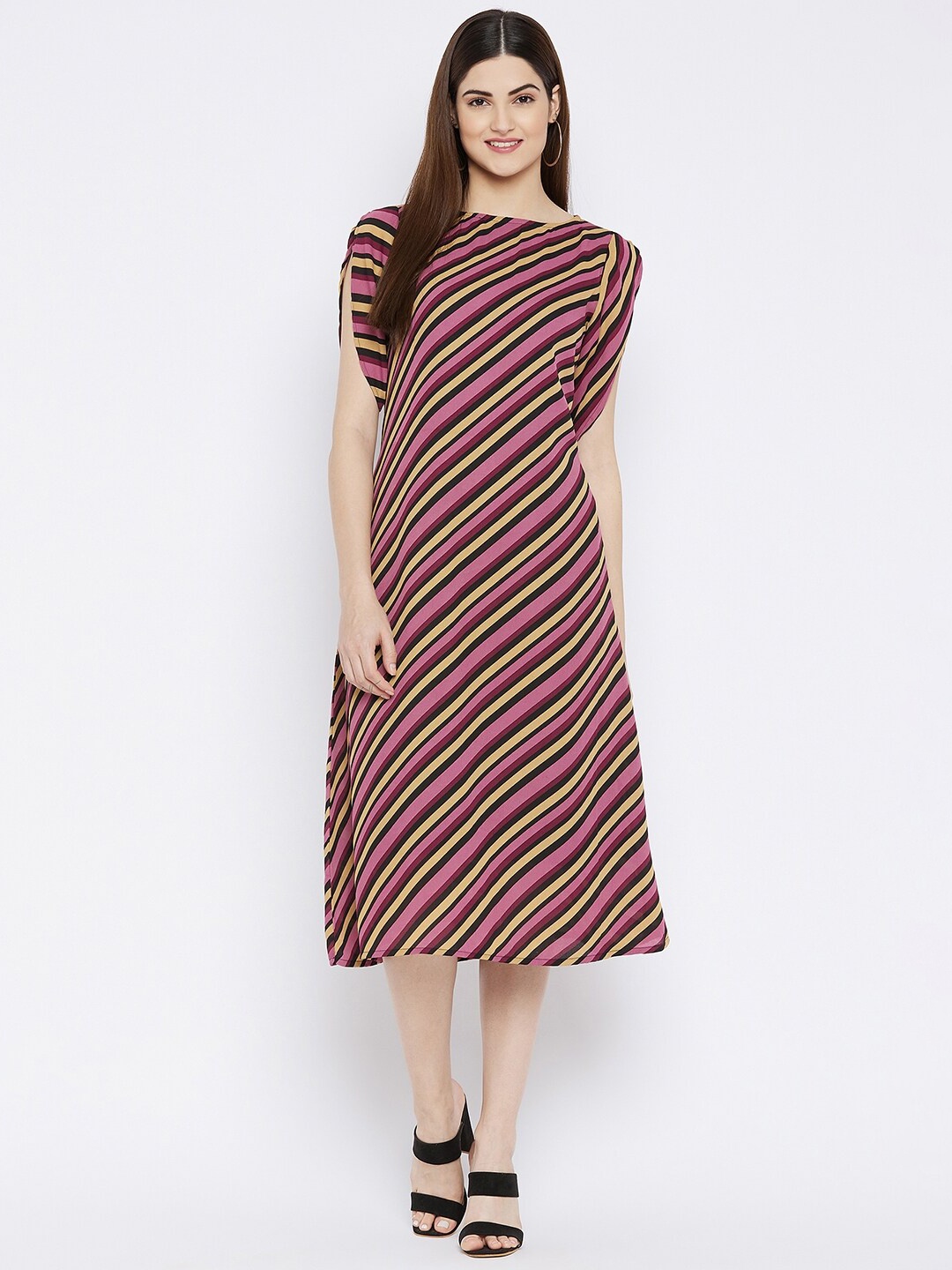 

Ruhaans Women Pink & Black Striped Georgette A-Line Midi Dress