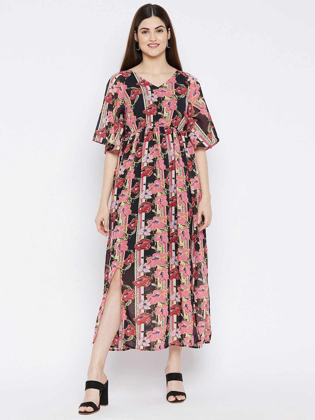 

Ruhaans Women Pink Floral Georgette Maxi Dress