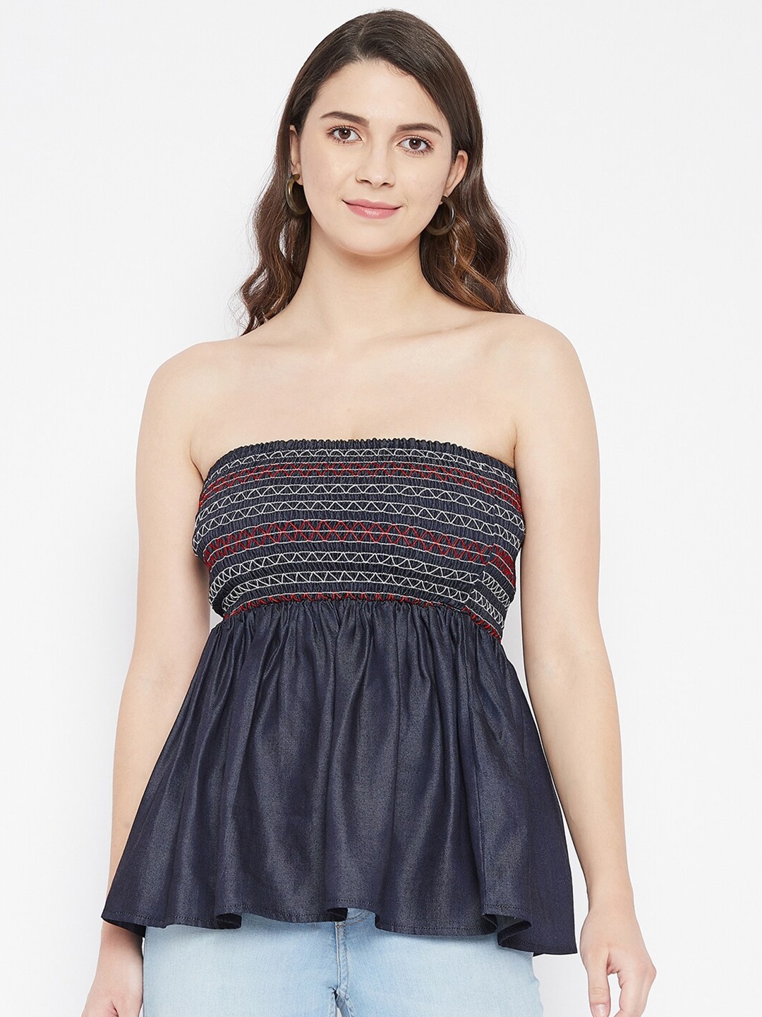 

Ruhaans Blue Smocked Denim Tube Top