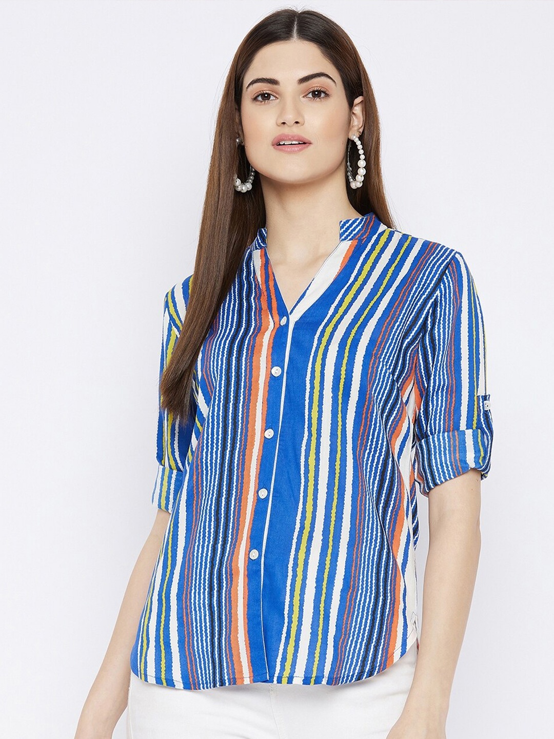 

Ruhaans Women Blue Classic Opaque Striped Casual Shirt