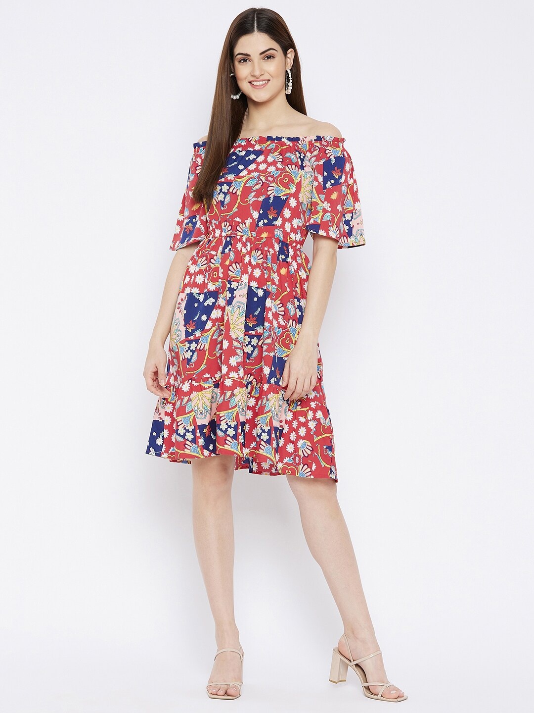 

Ruhaans Red & Blue Floral Off-Shoulder Crepe Dress