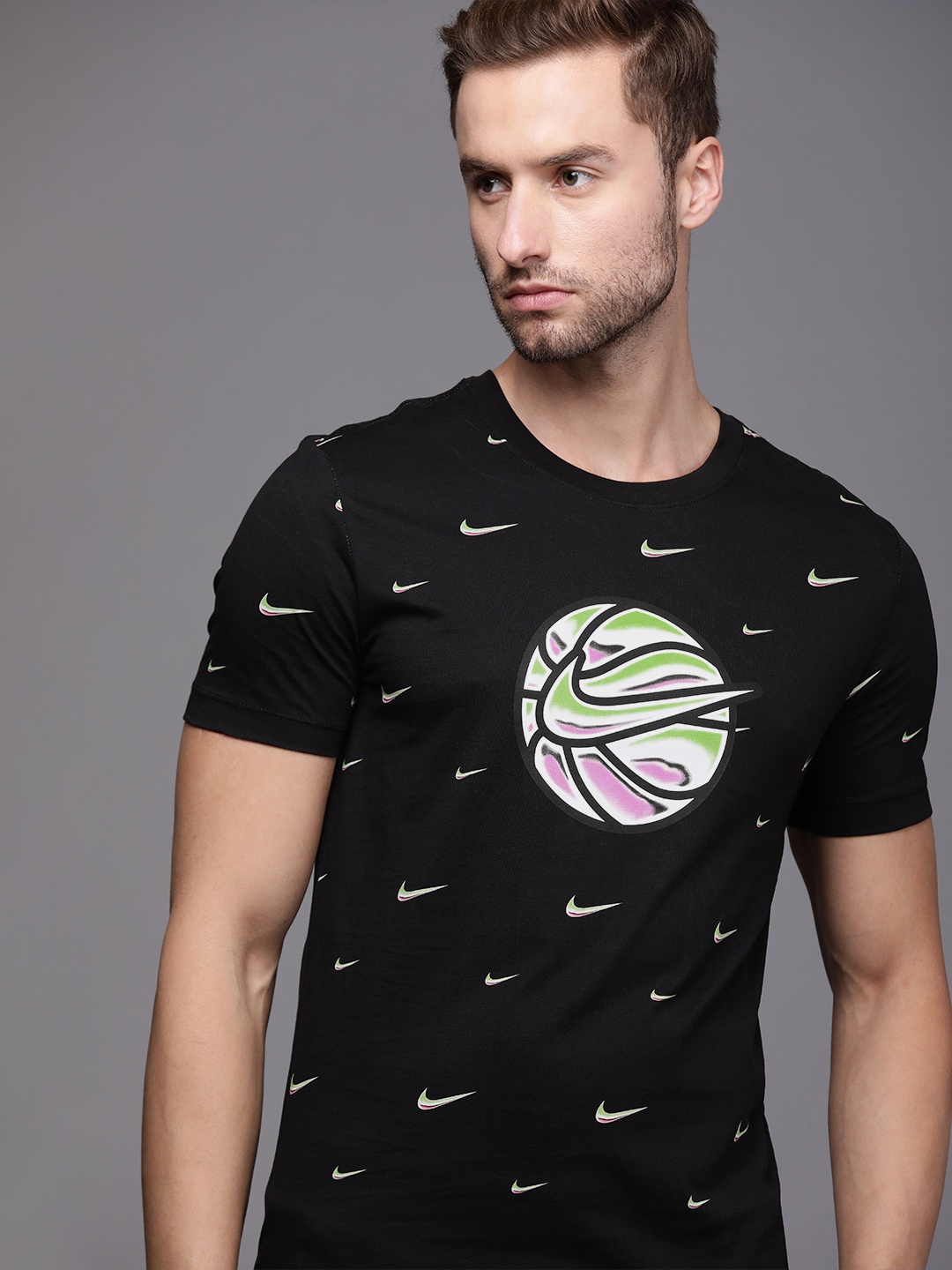 

Nike Men Black & White AS M NK OC HBR SS Brand Logo Printed Basketball T-shirt