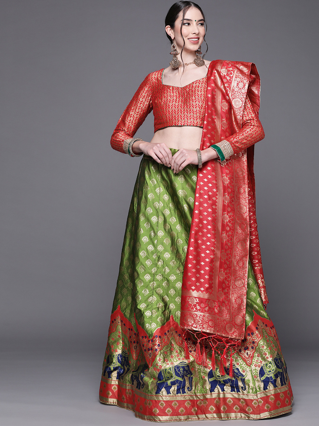 

Chhabra 555 Green & Gold Banarasi Zari Semi-Stitched Lehenga & Unstitched Blouse Dupatta
