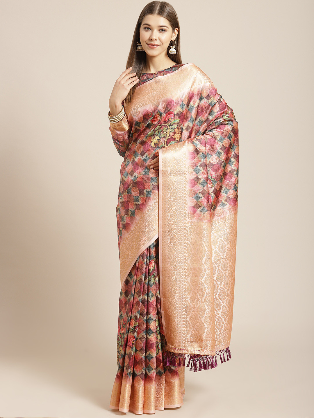 

SHANGRILA Rust Red Printed Art Silk Banarasi Saree
