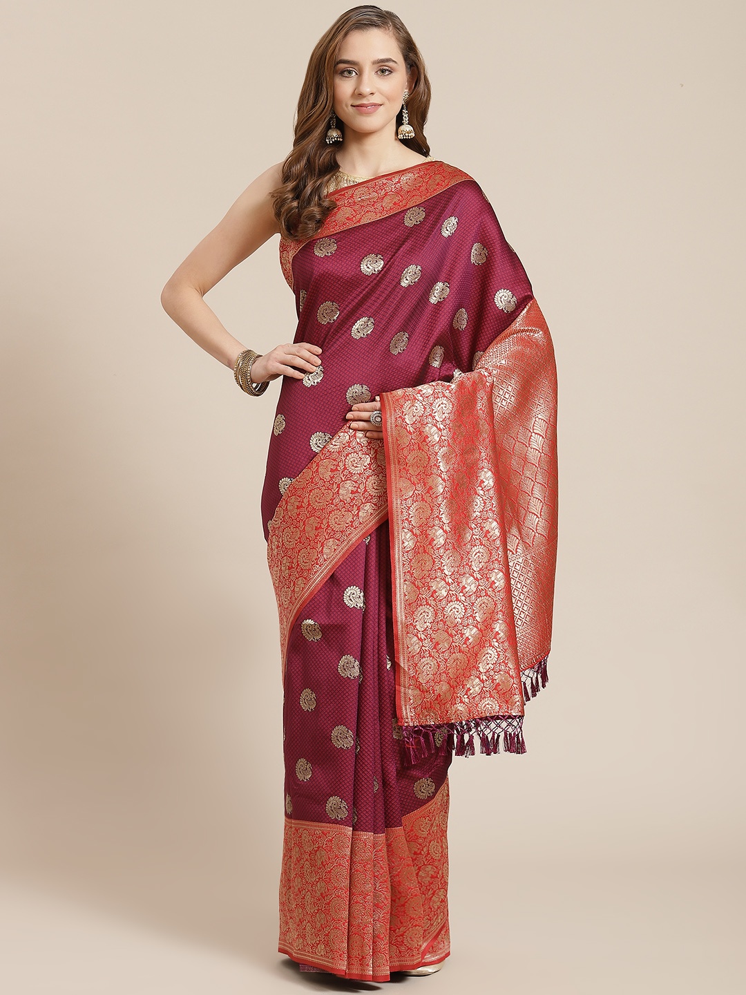 

SHANGRILA Maroon & Golden Woven Design Pure Silk Banarasi Saree